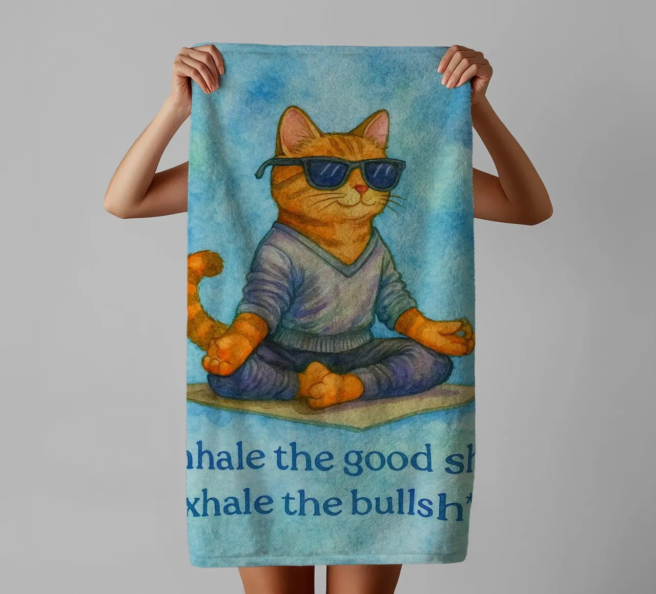 funny cat inhale exhale towel by Mirage