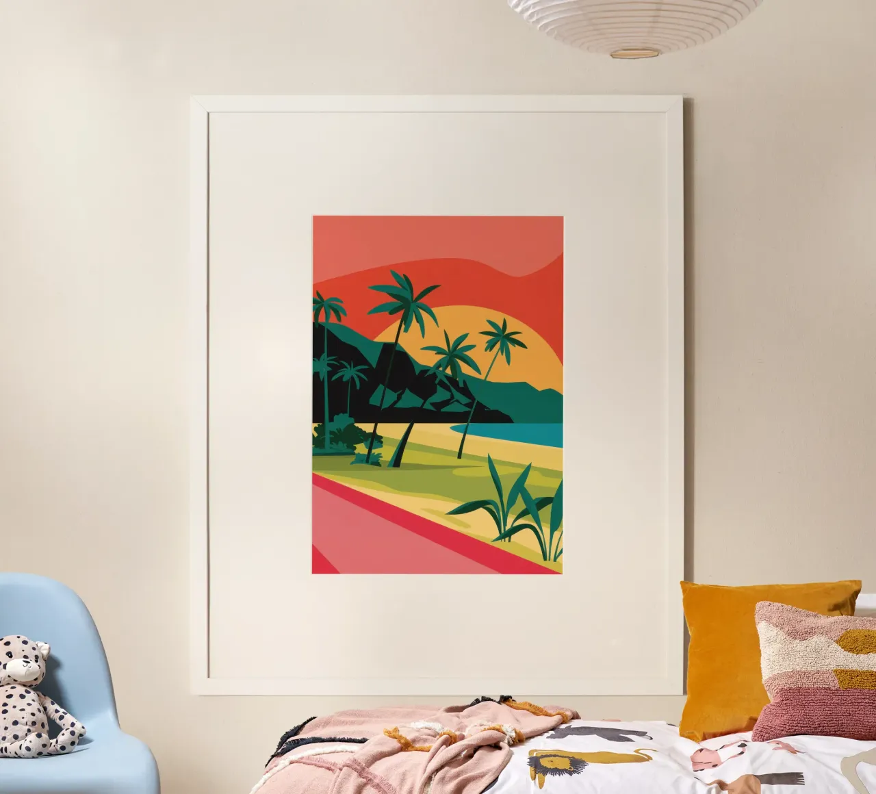 Palme del tramonto cremisi poster con telaio in plastica da Giant Foxs
