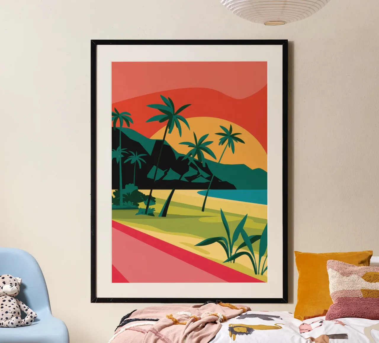 Palme del tramonto cremisi poster con telaio in plastica da Giant Foxs