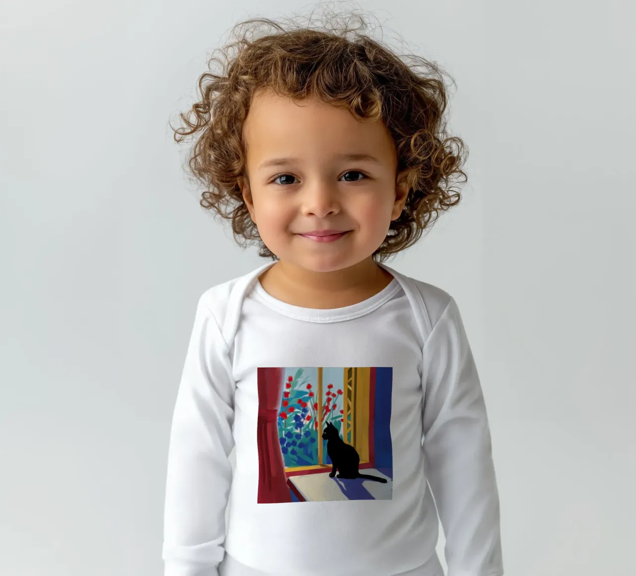 Crimson Window Watcher long-sleeve baby romper by Dream Gesso