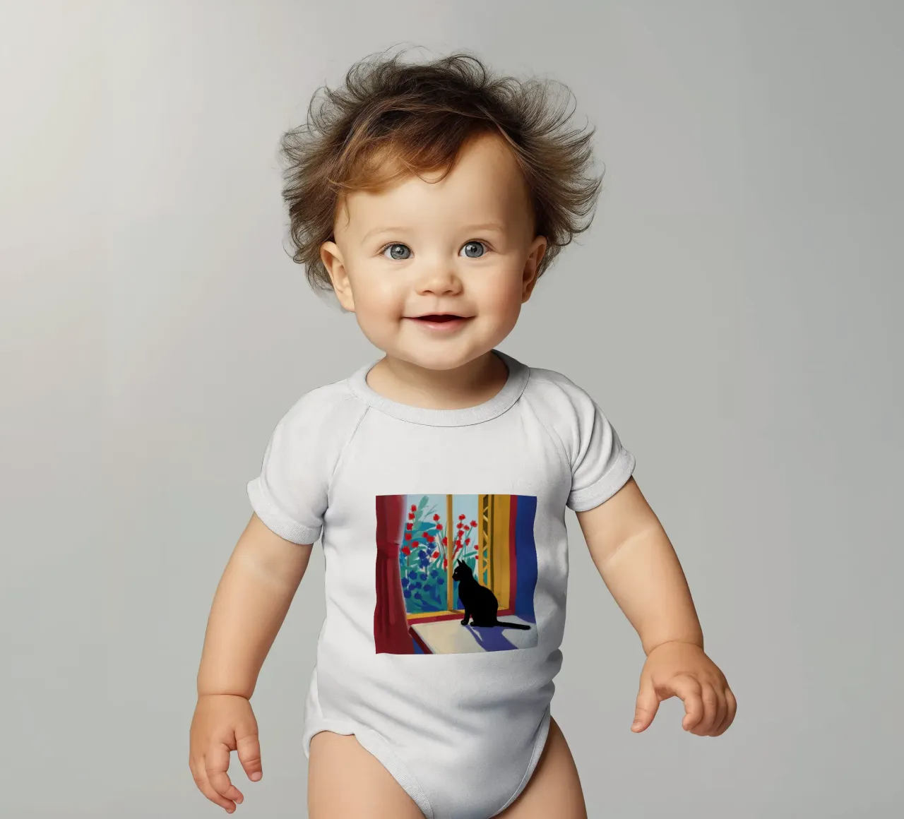 Crimson Window Watcher short-sleeve baby romper by Dream Gesso