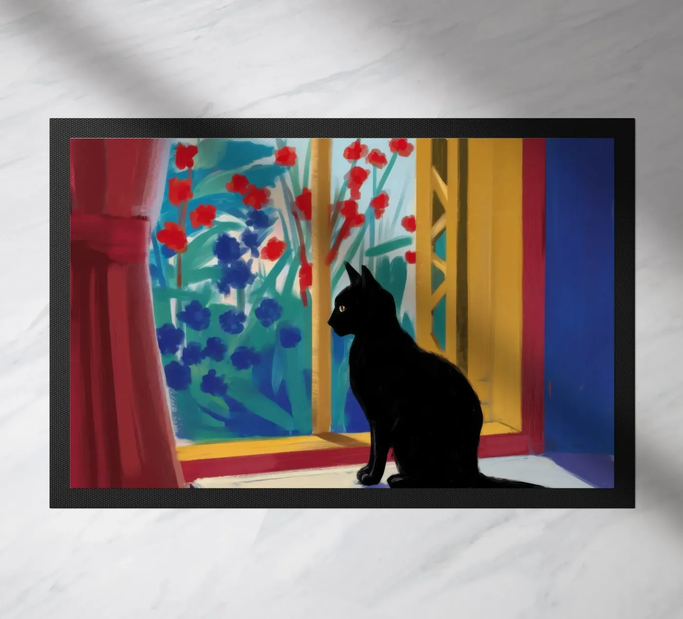 Crimson Window Watcher doormat by Dream Gesso