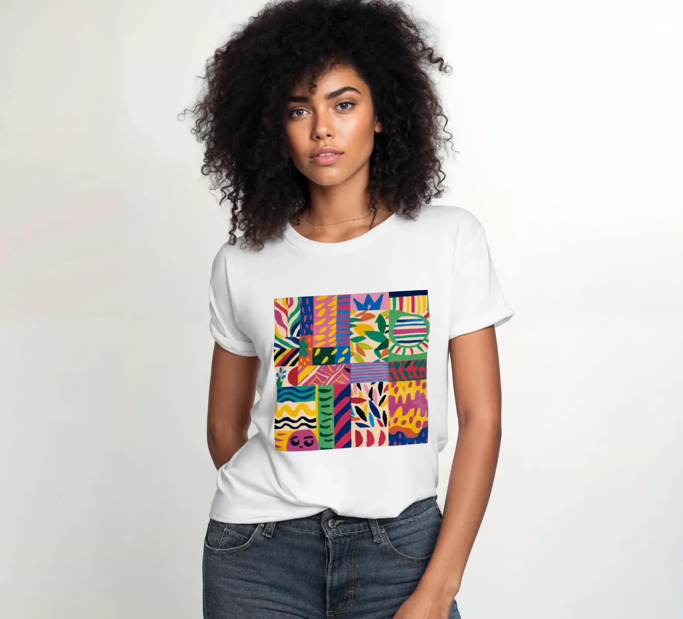 Vrolijk patroon patchwork dames t-shirt getailleerd van Monuments Fire
