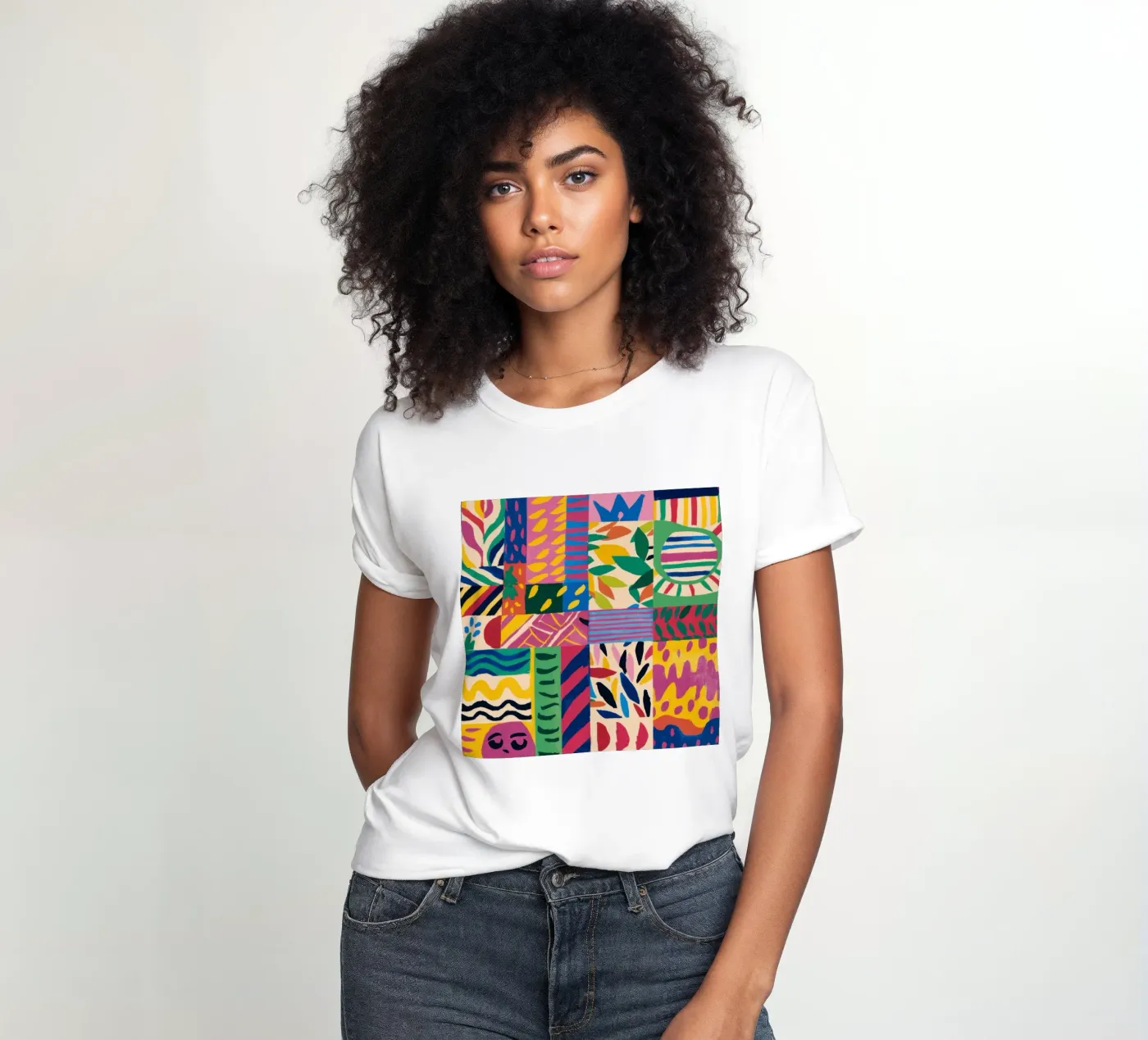 Vrolijk patroon patchwork dames t-shirt getailleerd van Monuments Fire
