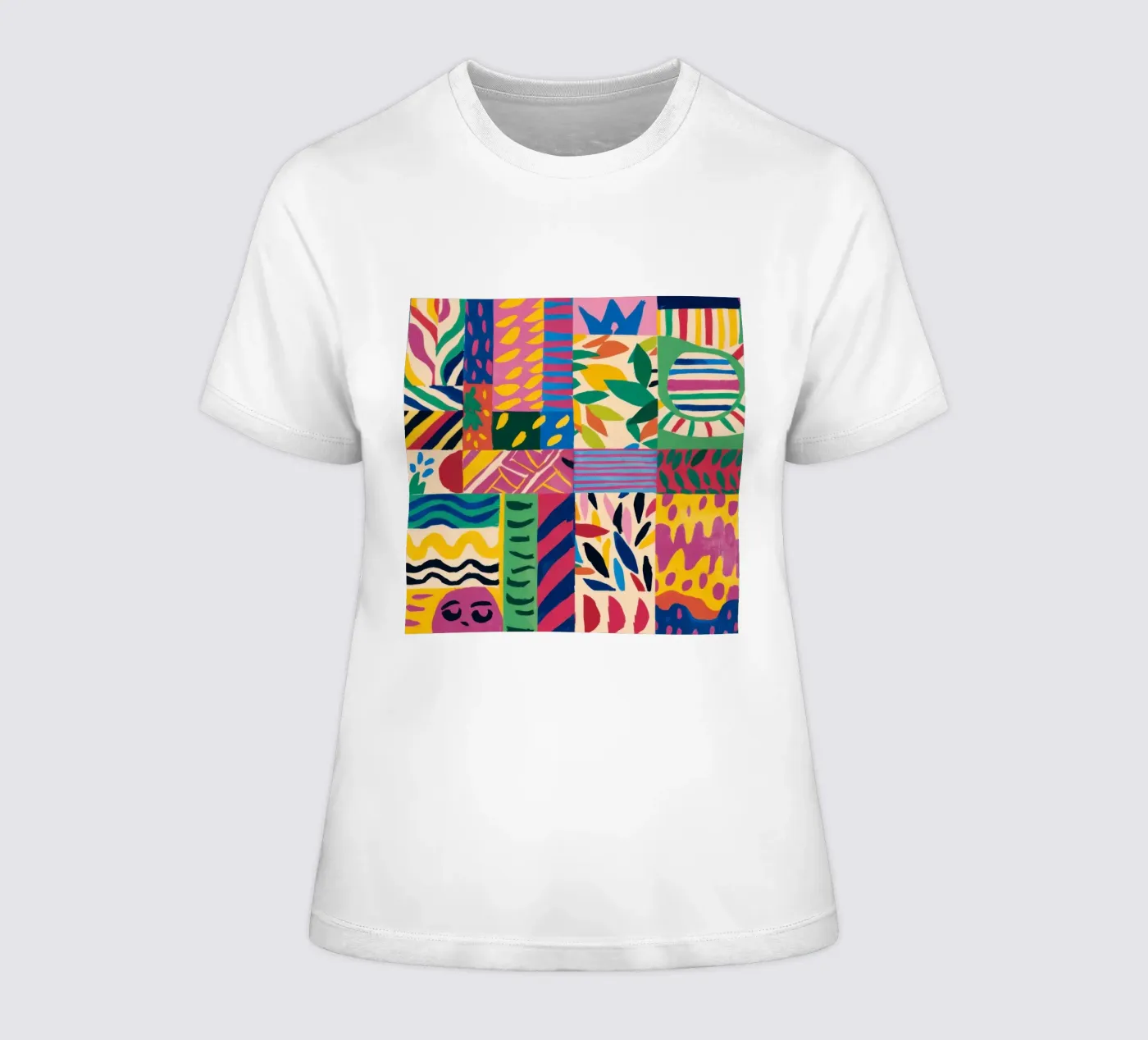 Vrolijk patroon patchwork dames t-shirt getailleerd van Monuments Fire