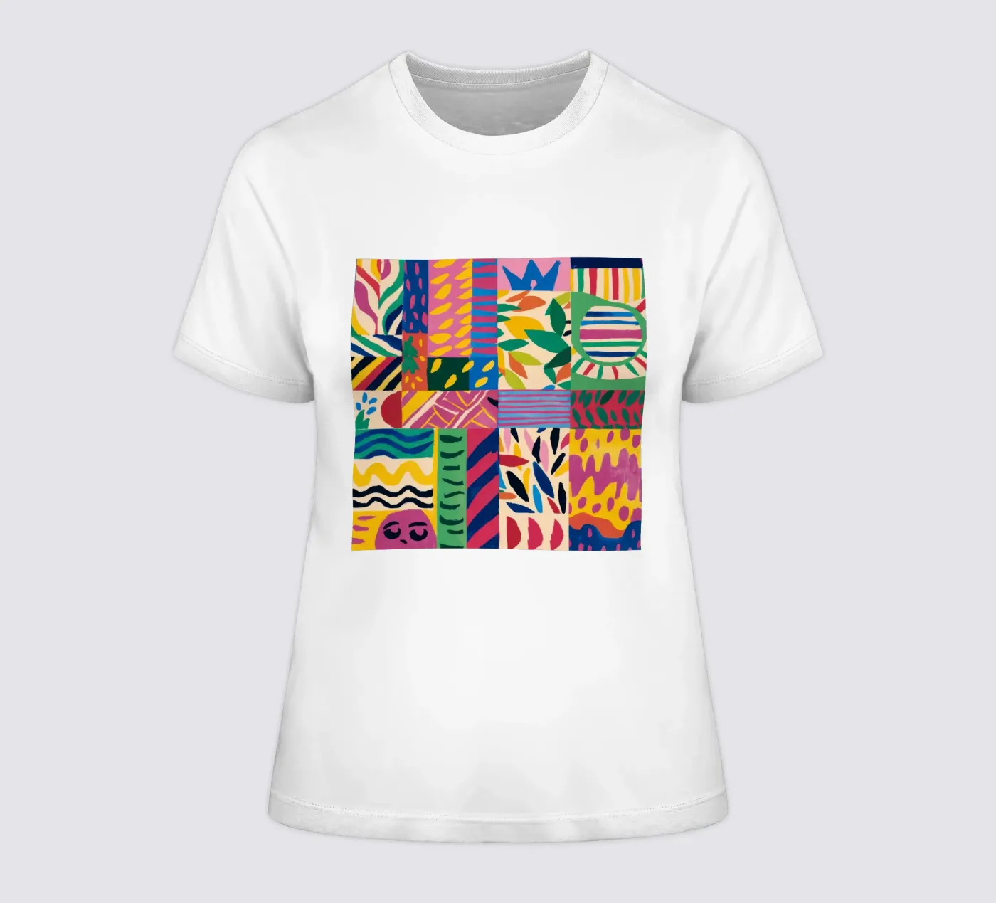 Vrolijk patroon patchwork dames t-shirt getailleerd van Monuments Fire