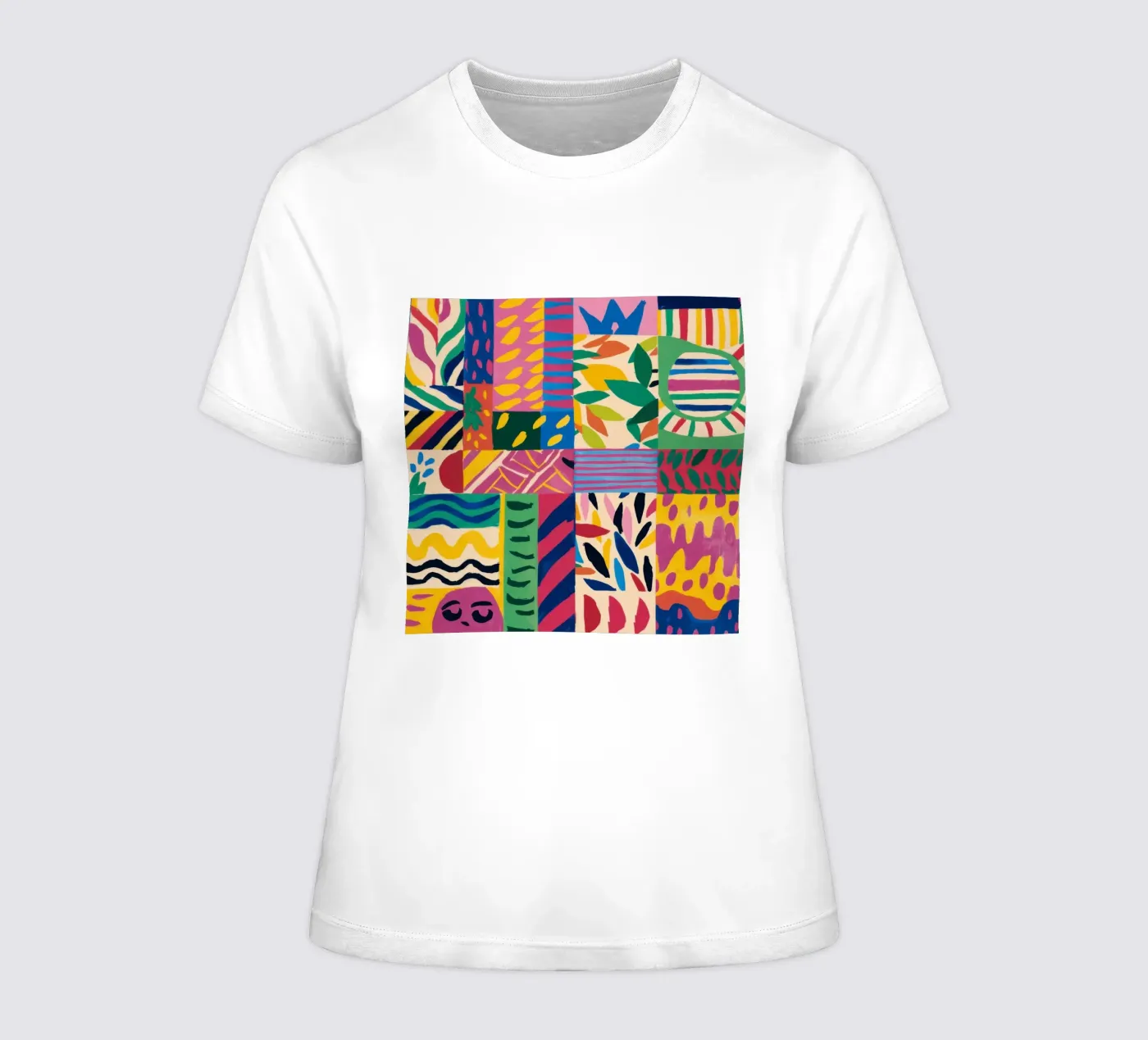 Vrolijk patroon patchwork dames t-shirt getailleerd van Monuments Fire
