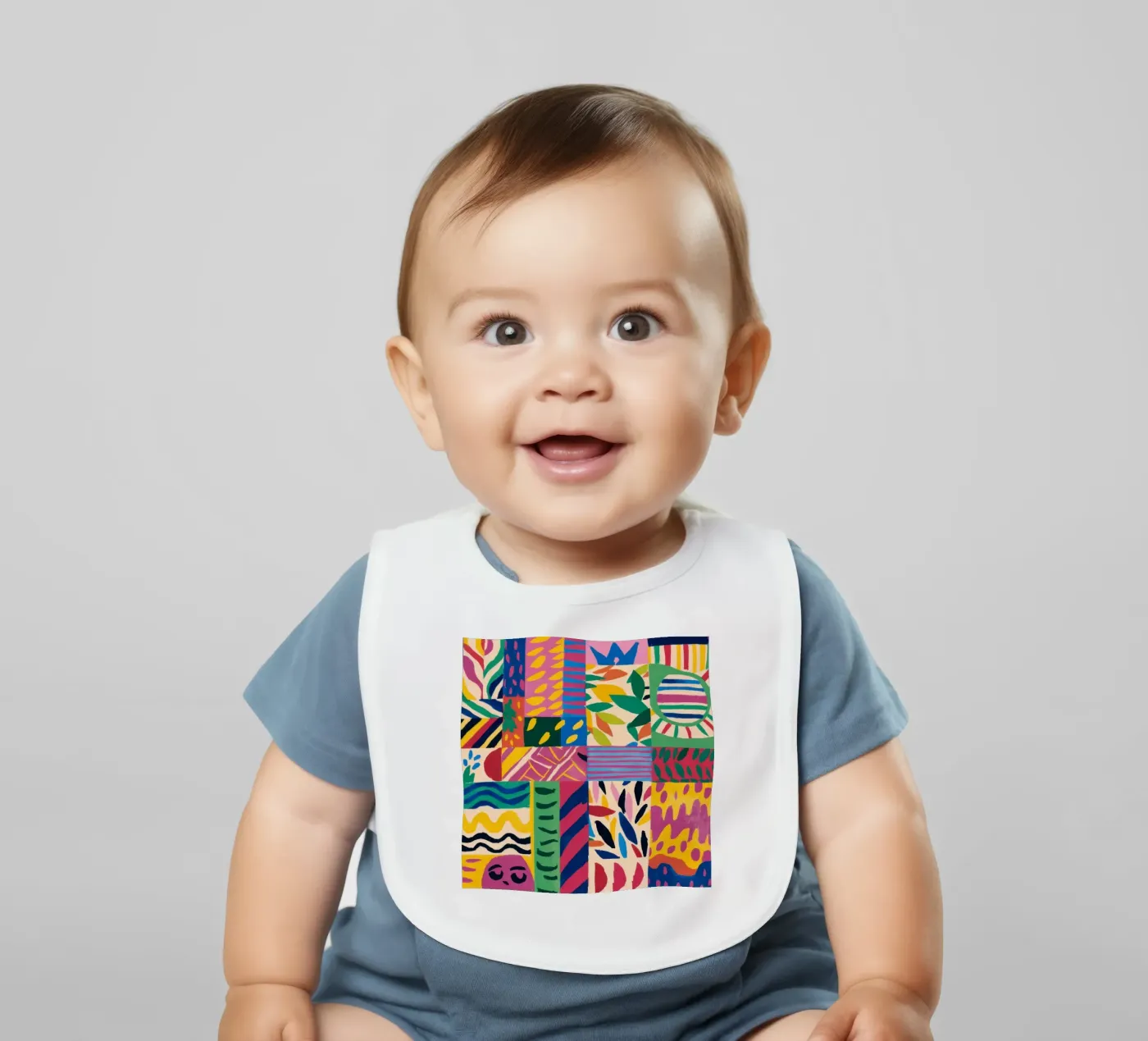 Joyful Pattern Patchwork baby bib by Monuments Fire
