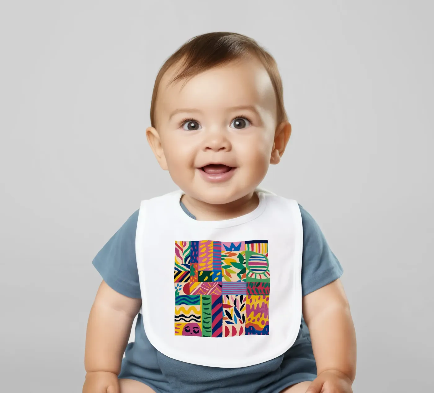 Joyful Pattern Patchwork baby bib by Monuments Fire