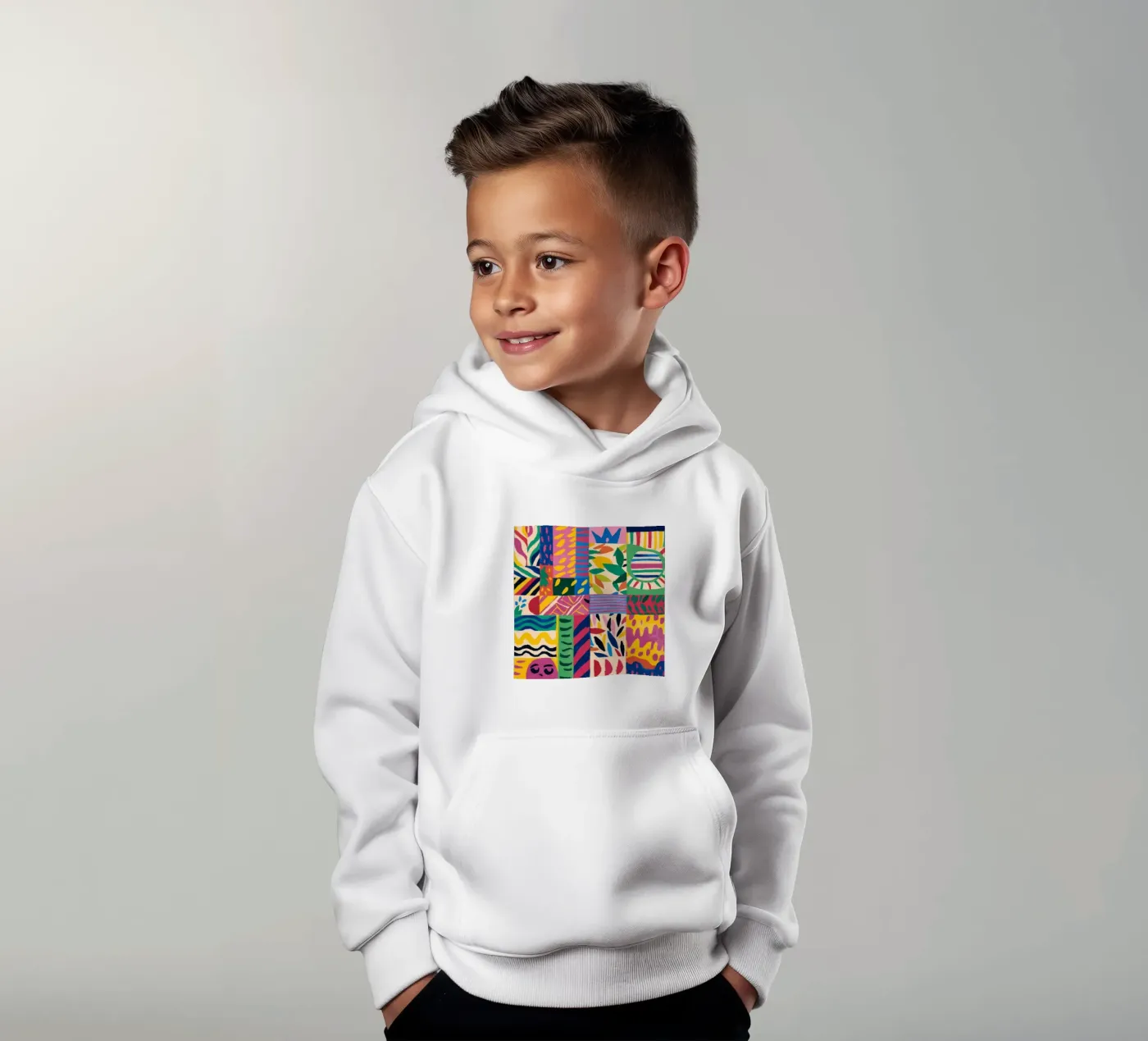 Joyful Pattern Patchwork kids hoodie by Monuments Fire