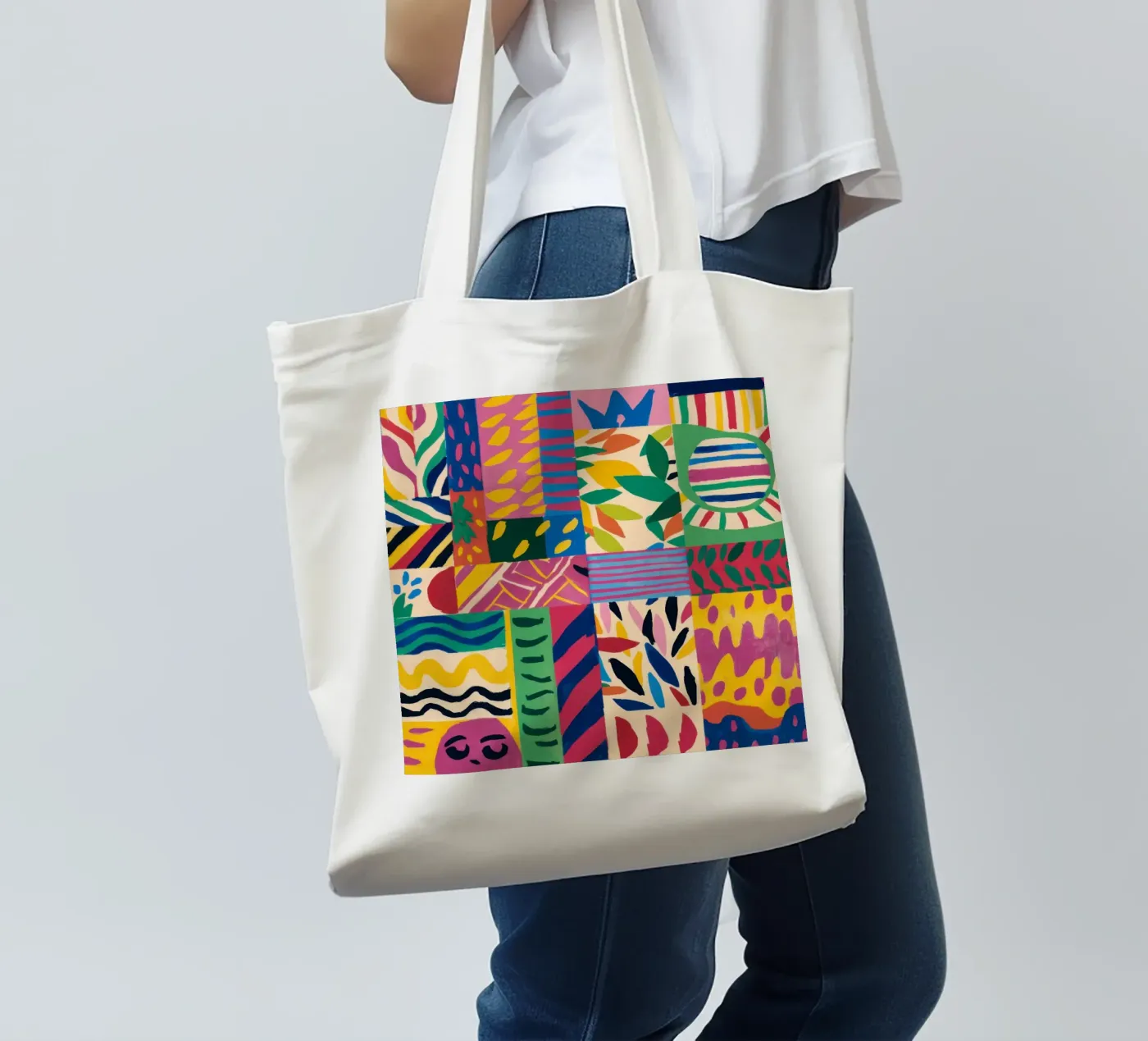 Vrolijk patroon patchwork jute draagtas van Monuments Fire