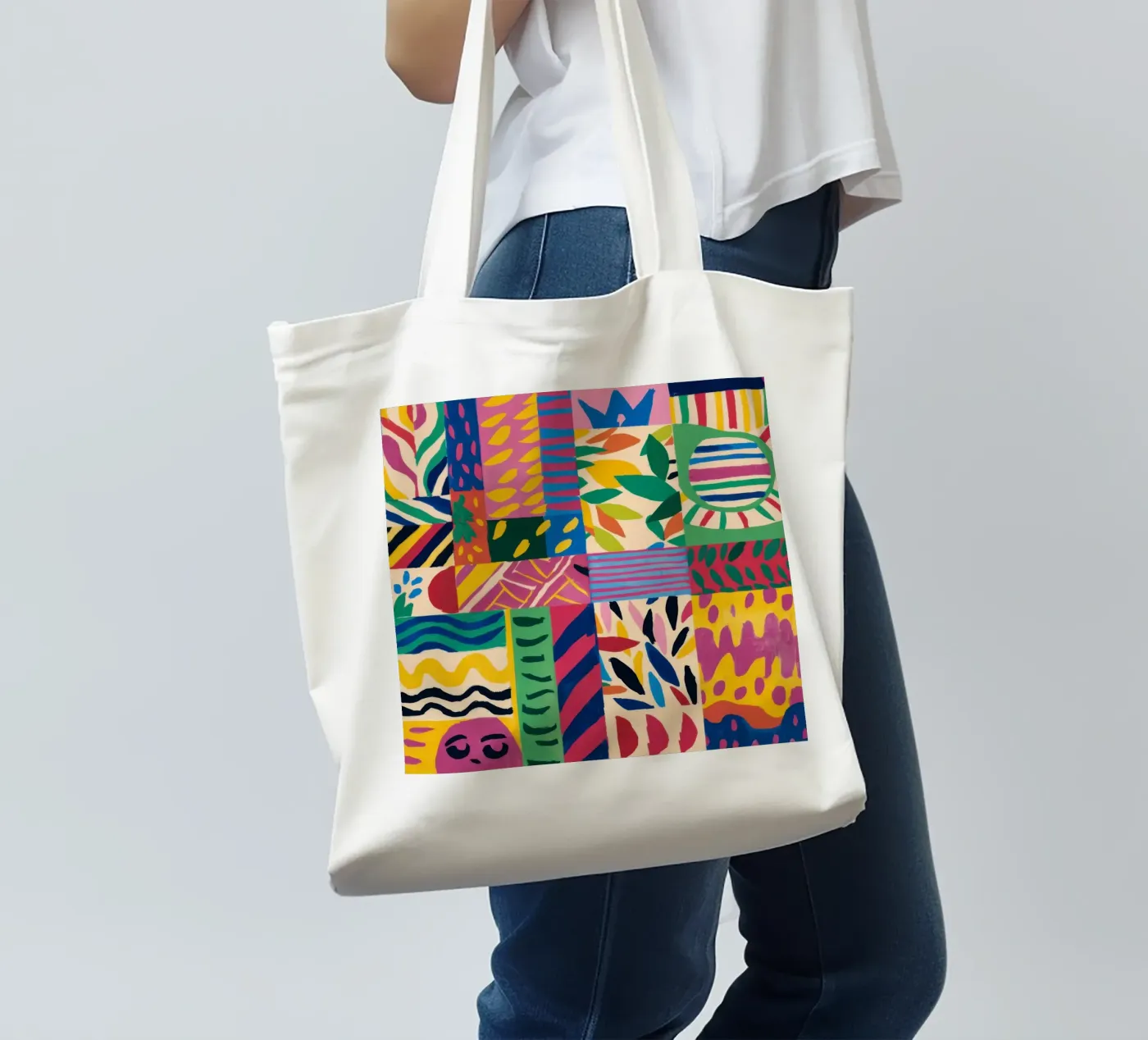 Joyful Pattern Patchwork Jutebeutel von Monuments Fire