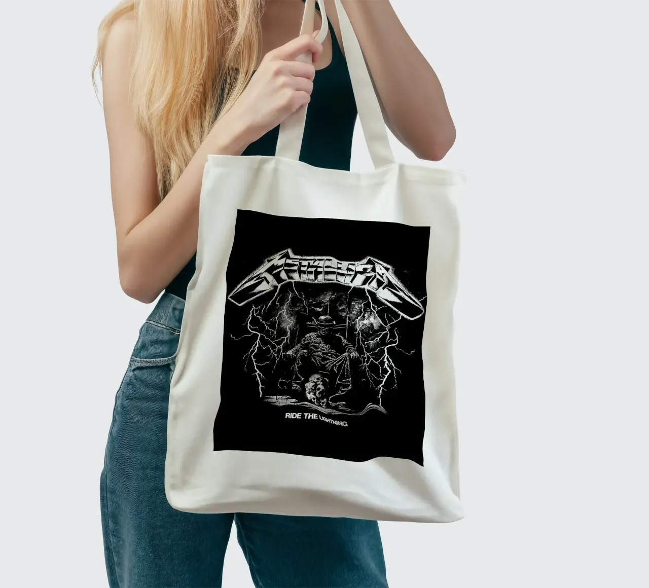 Ride The Lightning metallichead in bianco e nero borsa in juta da music soul