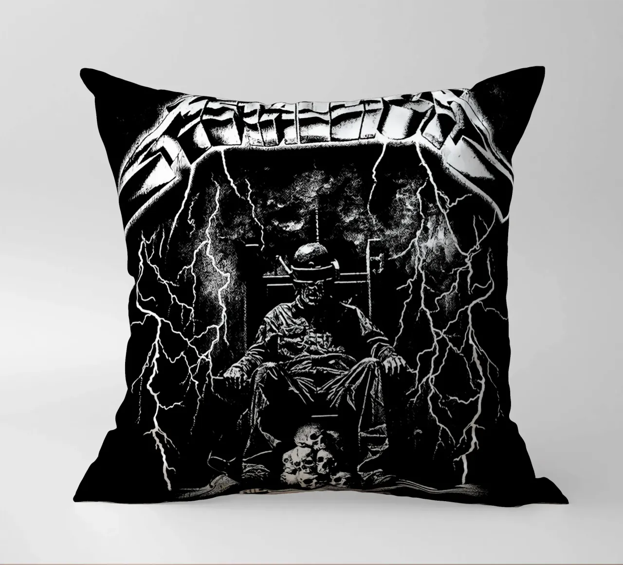 Ride The Lightning metallichead in bianco e nero cuscino da music soul