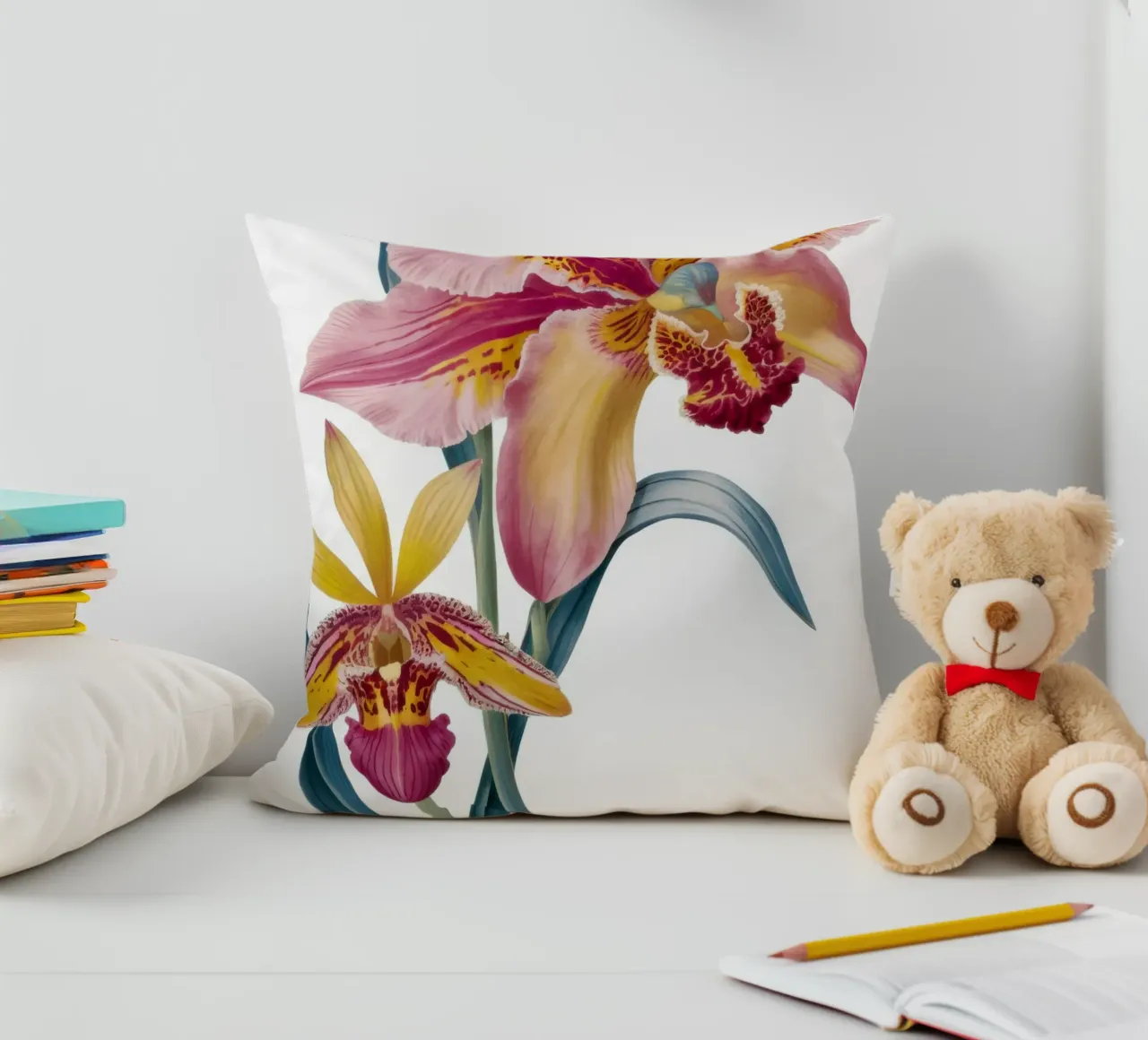 Botanical Orchid Elegance decorative cushion by Mythy Brush