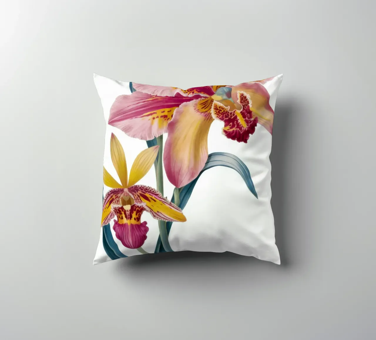 Botanical Orchid Elegance decorative cushion by Mythy Brush