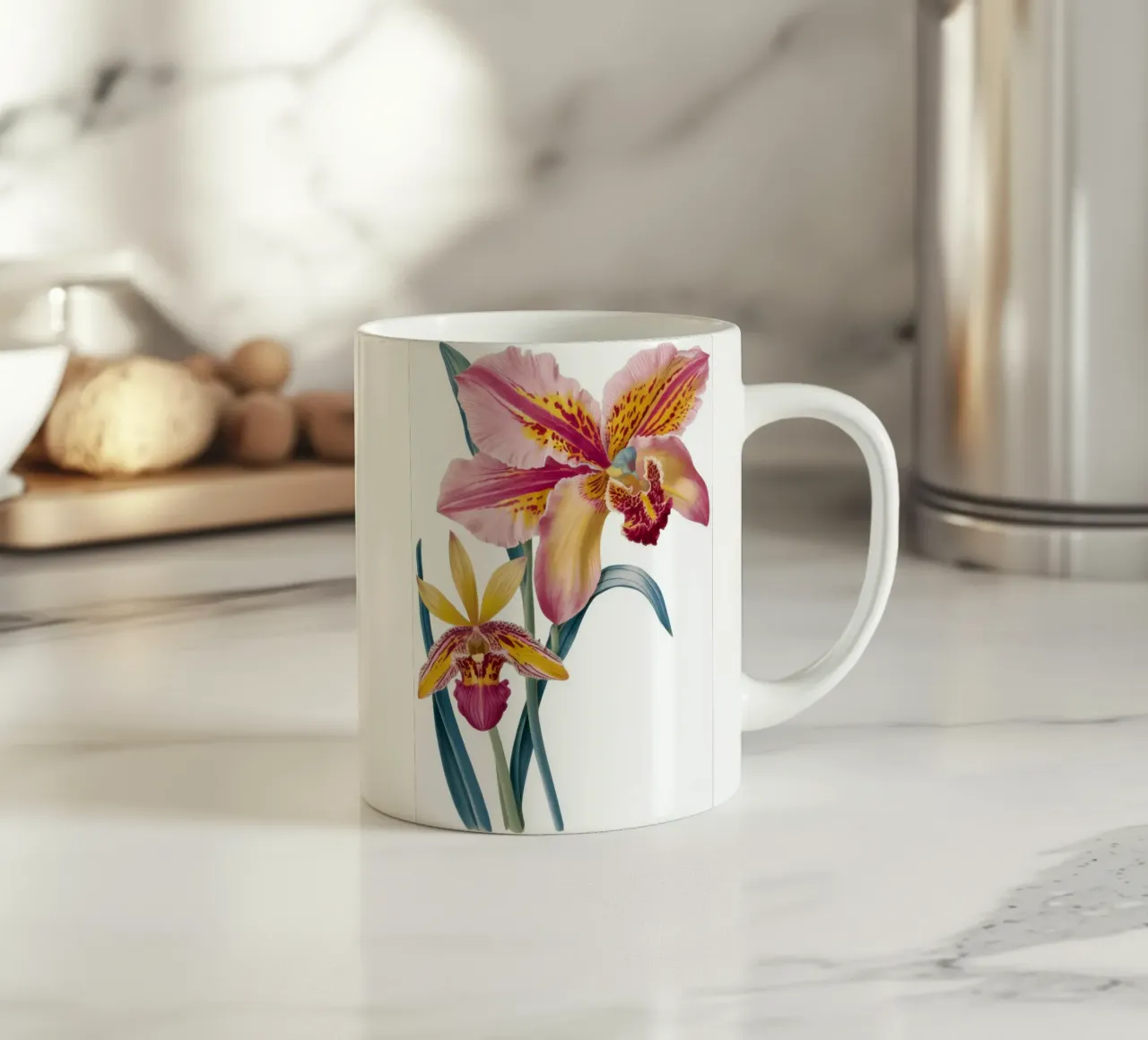 Eleganza botanica delle orchidee tazza in ceramica da Mythy Brush