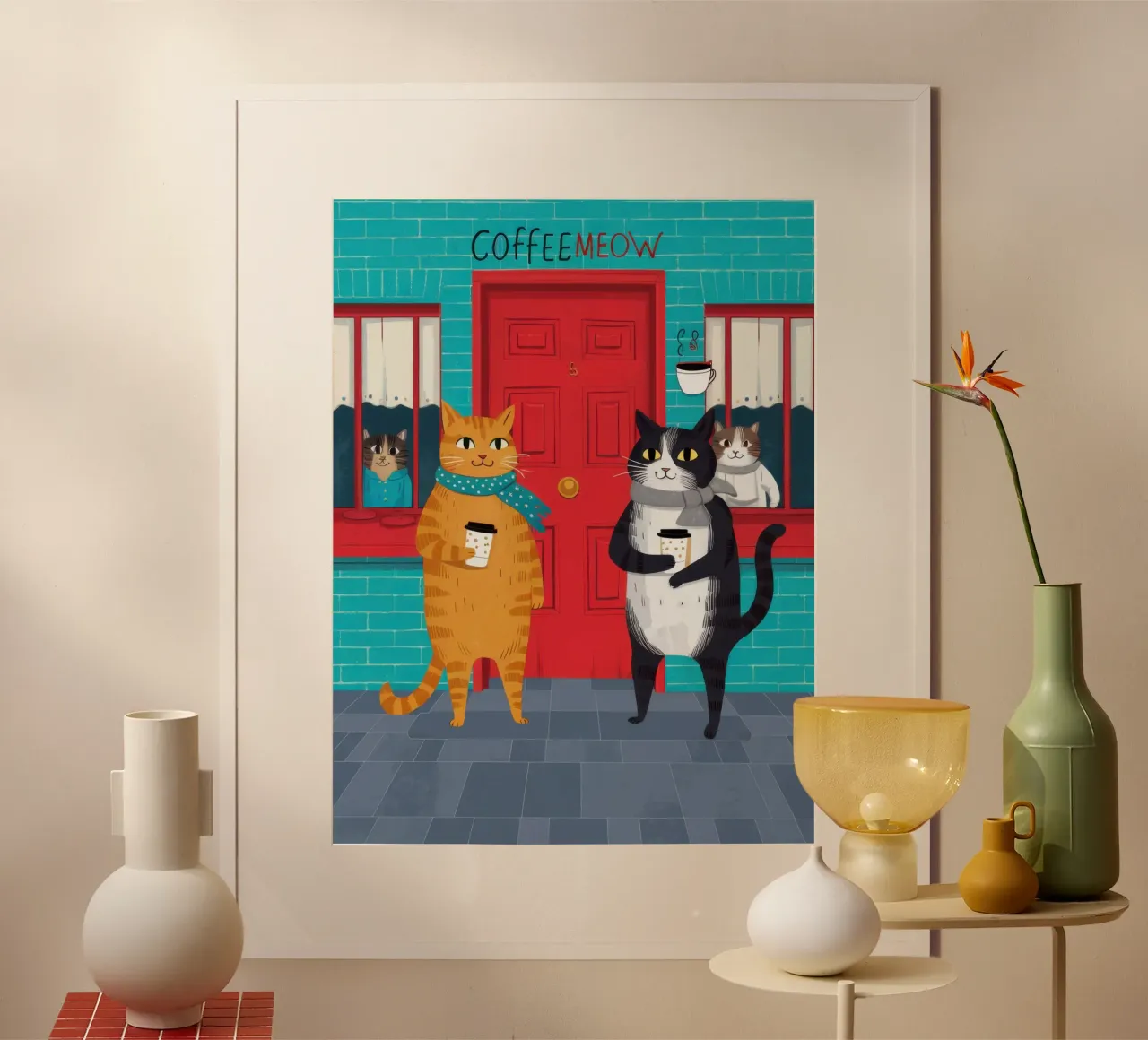 Caffeine Cat Crew poster avec cadre en bois de Monuments Fire