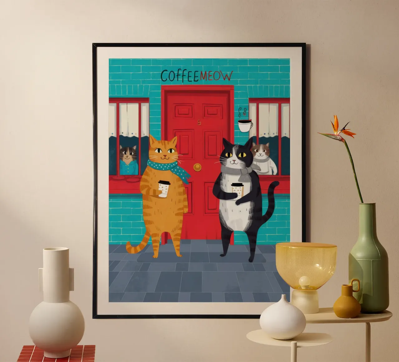 Caffeine Cat Crew poster avec cadre en bois de Monuments Fire