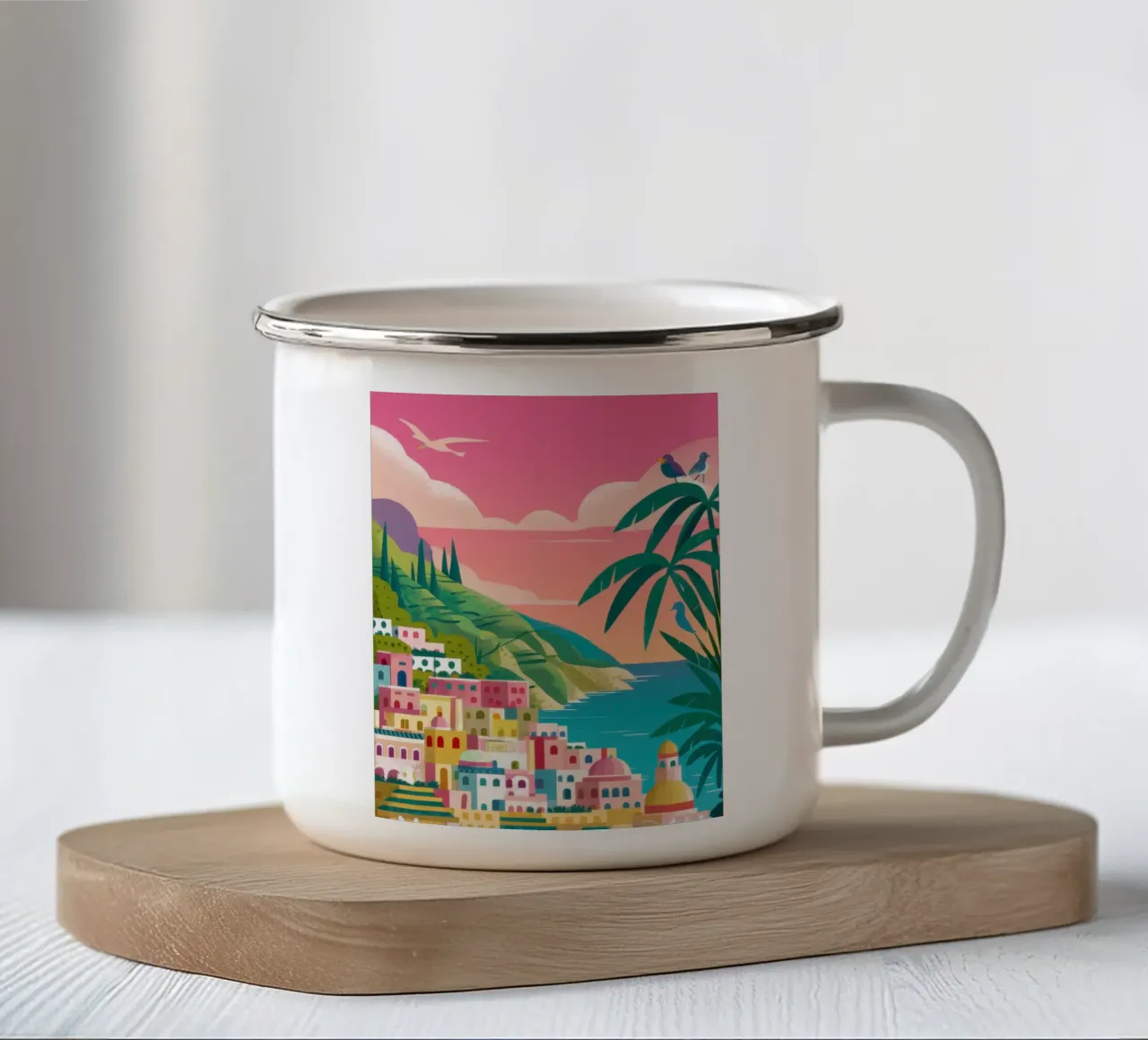 Kustdorp zonsondergang emaille mok van Ink Pulse