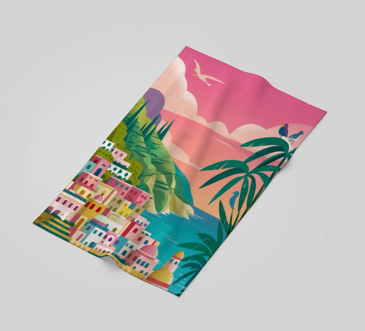 Kustdorp zonsondergang strandhanddoek van Ink Pulse