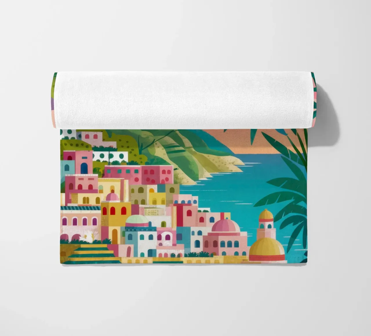 Kustdorp zonsondergang strandhanddoek van Ink Pulse