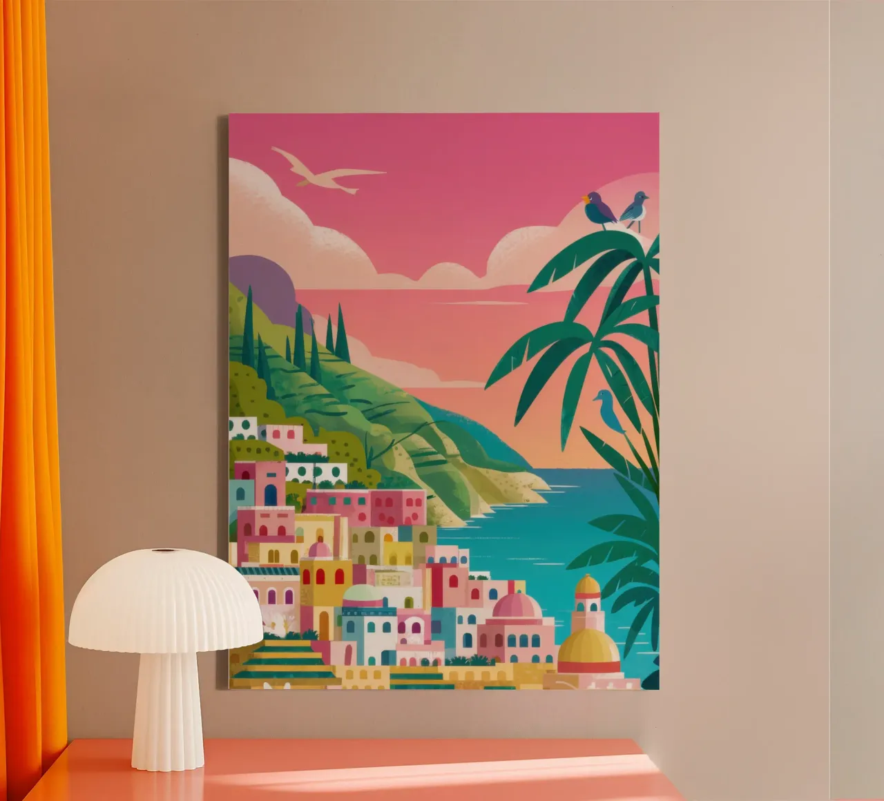 Kustdorp zonsondergang canvas met Baklijst van Ink Pulse