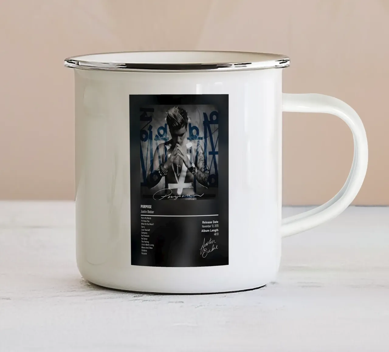Purpose (2015) by Justin Bieber tazza in smalto da DGUnder