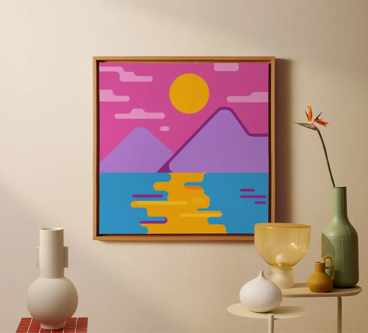 Vibrant Mountain Reflection canvas with Floater frame by Giant Foxs