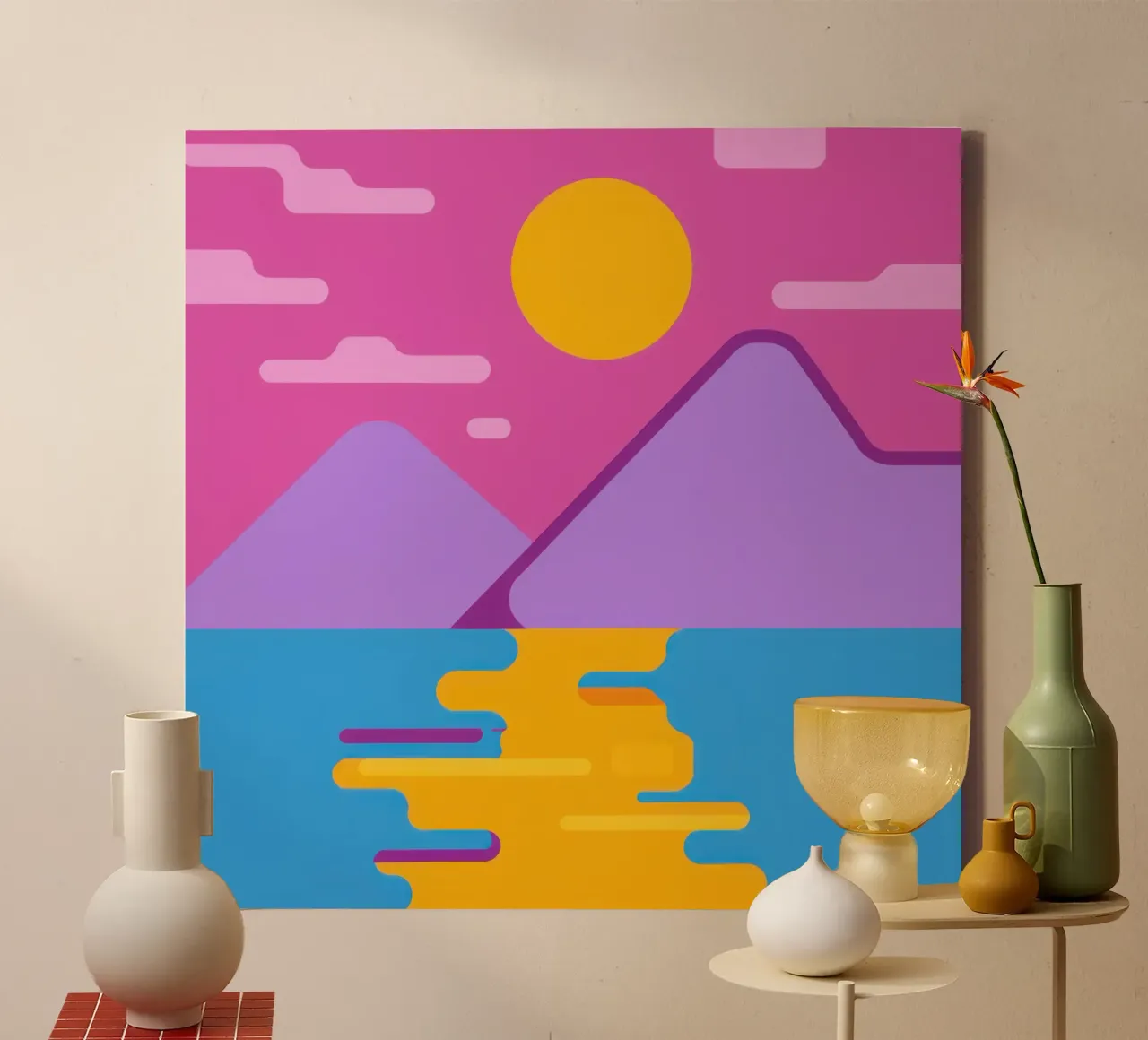 Vibrant Mountain Reflection canvas with Floater frame by Giant Foxs