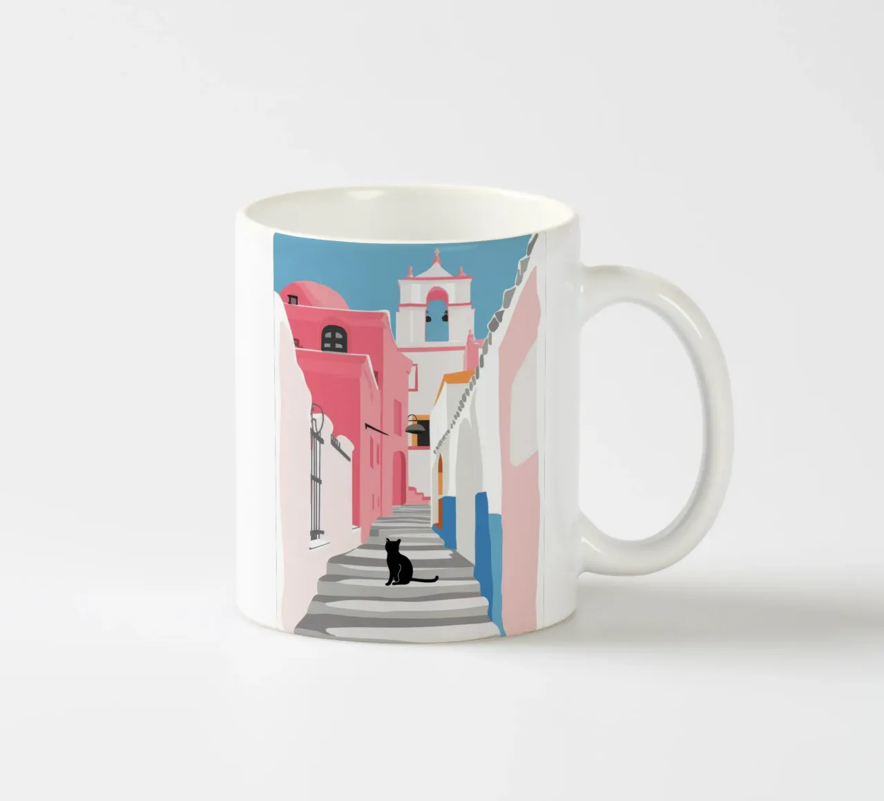 Un gatto in una strada rosa tazza in ceramica da Mythy Brush