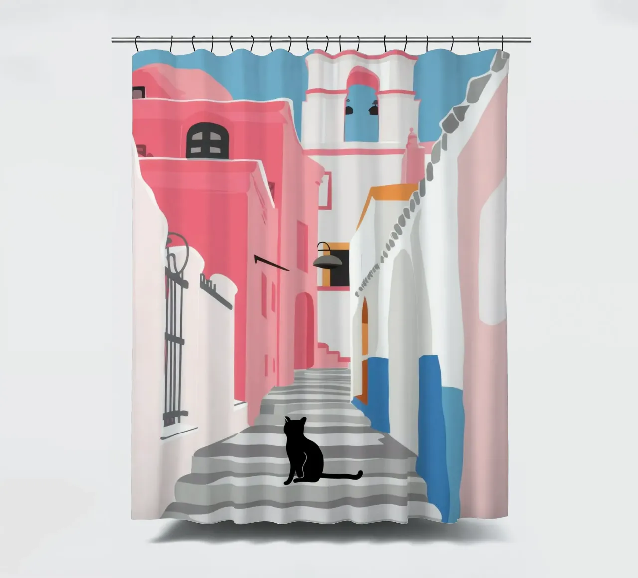 Un gatto in una strada rosa tenda da doccia da Mythy Brush