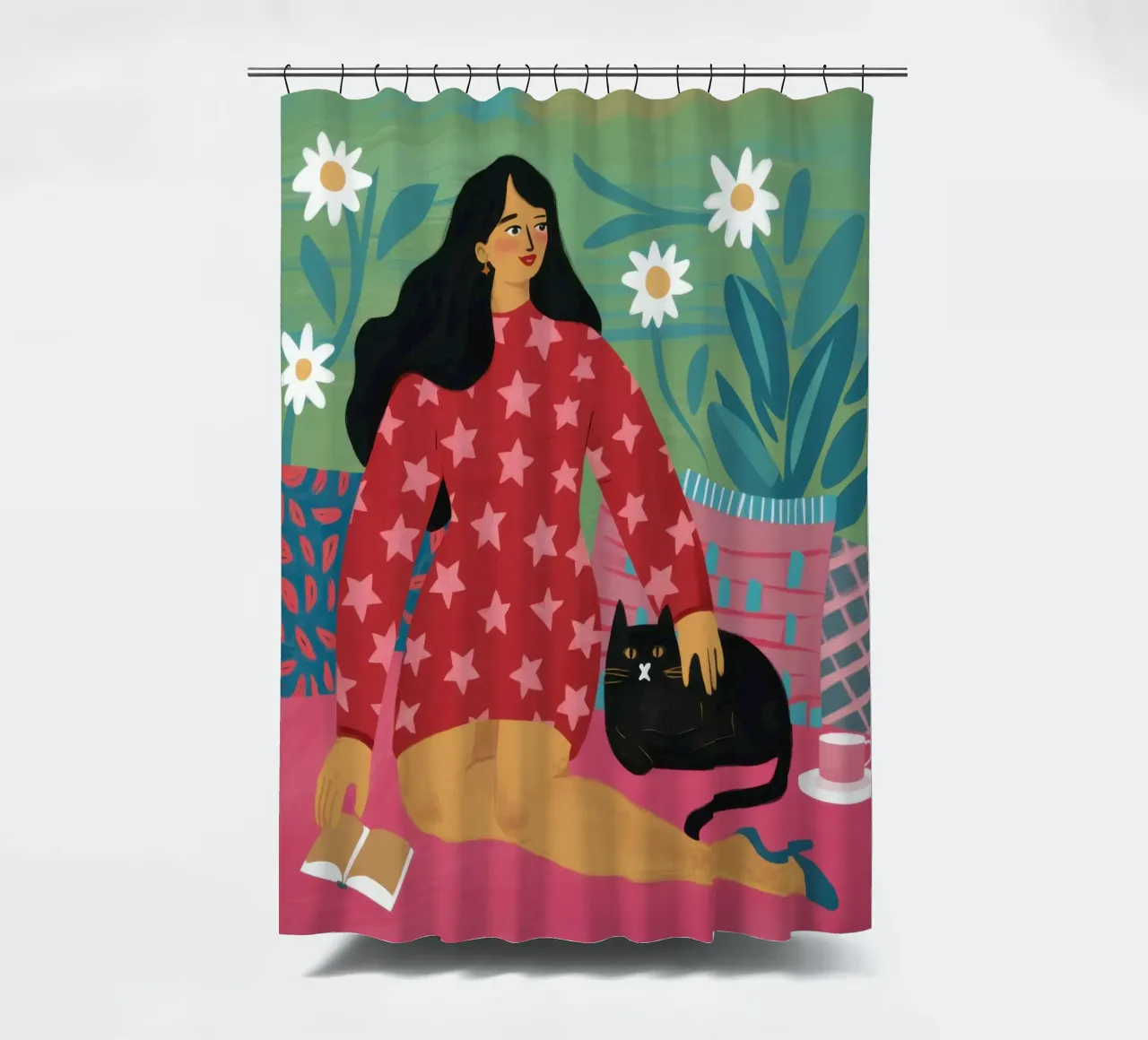 Floral Feline Embrace shower curtain by Giant Foxs