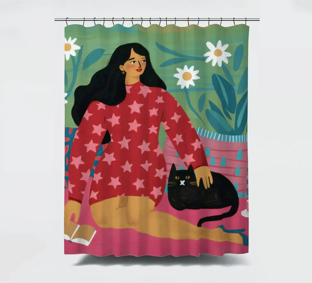 Floral Feline Embrace shower curtain by Giant Foxs