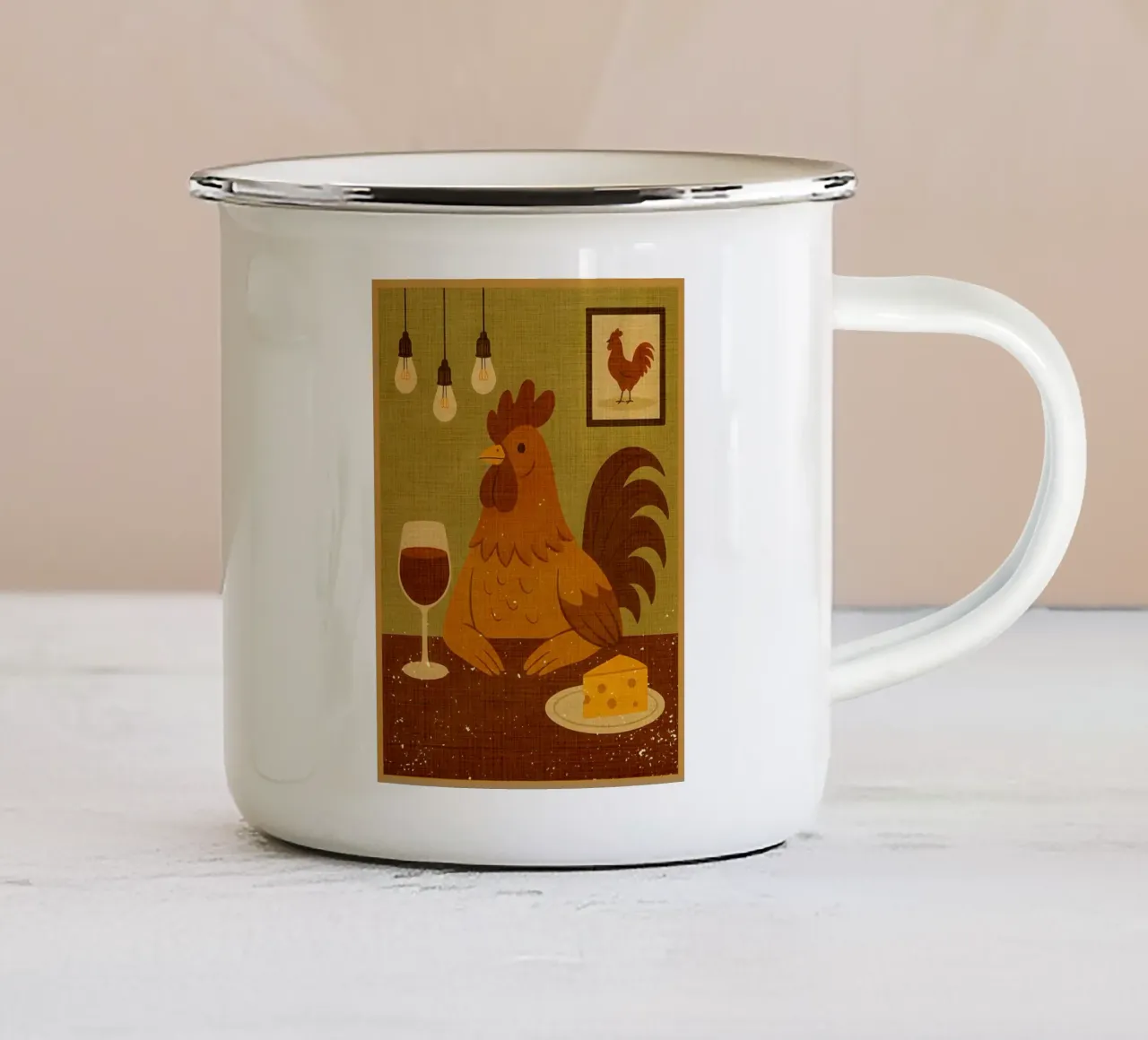 Gallo con un bicchiere di vino tazza in smalto da AnimalFunny