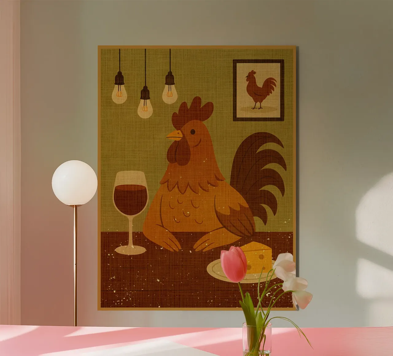 Gallo con un bicchiere di vino alluminio dibond da AnimalFunny
