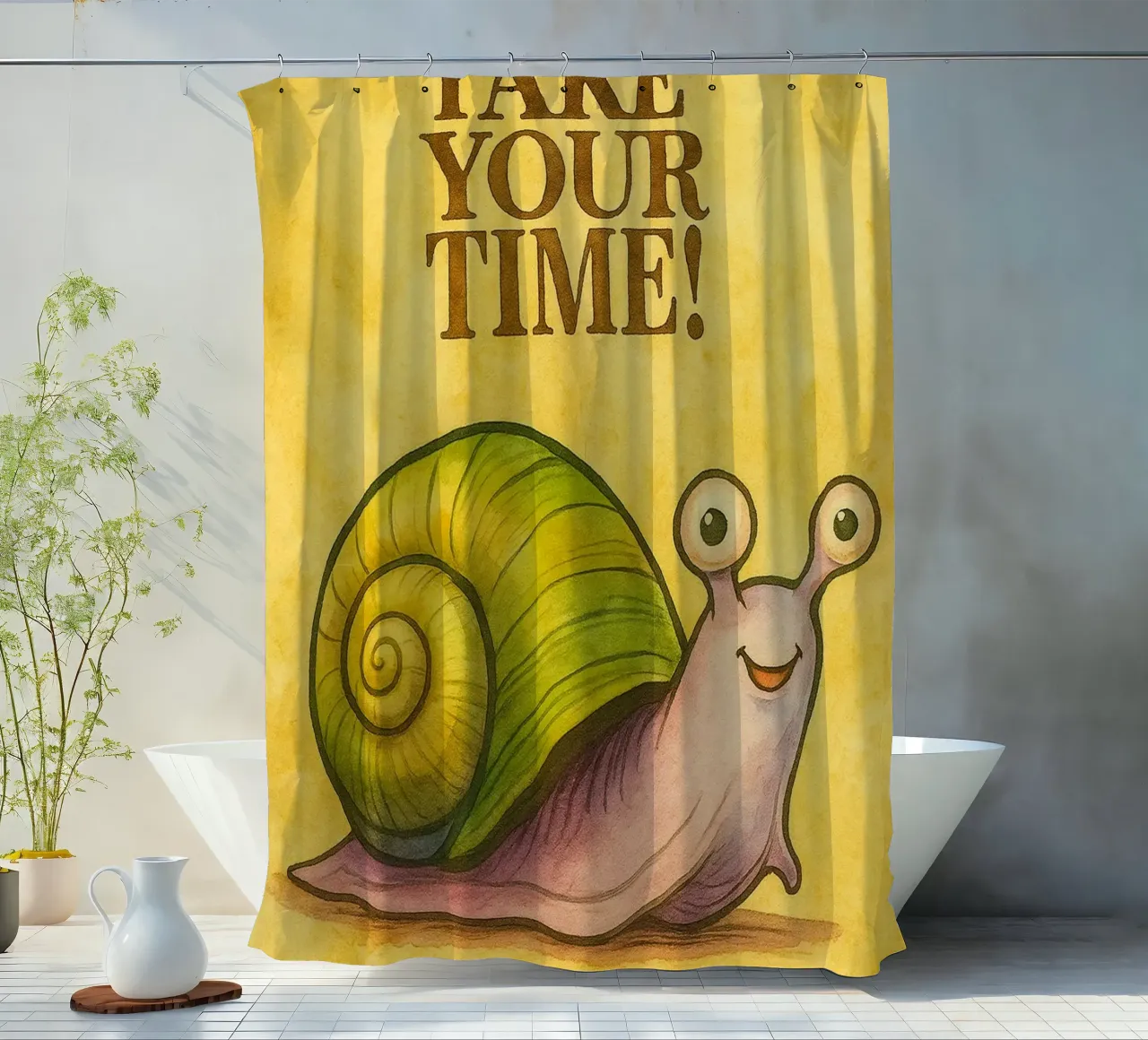 Take your time funny snail shower curtain by Mirage