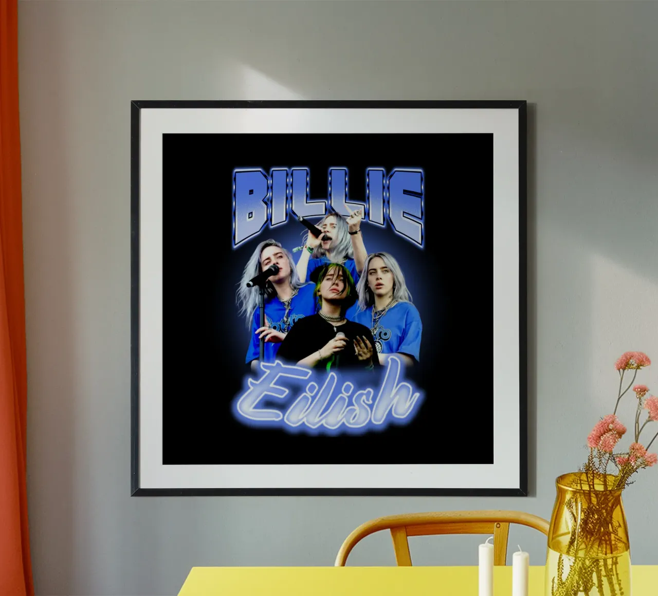 Bootleg vintage di Billie Eilish poster con telaio in legno da https://www.juniqe.com/uk/shop/Henndraws