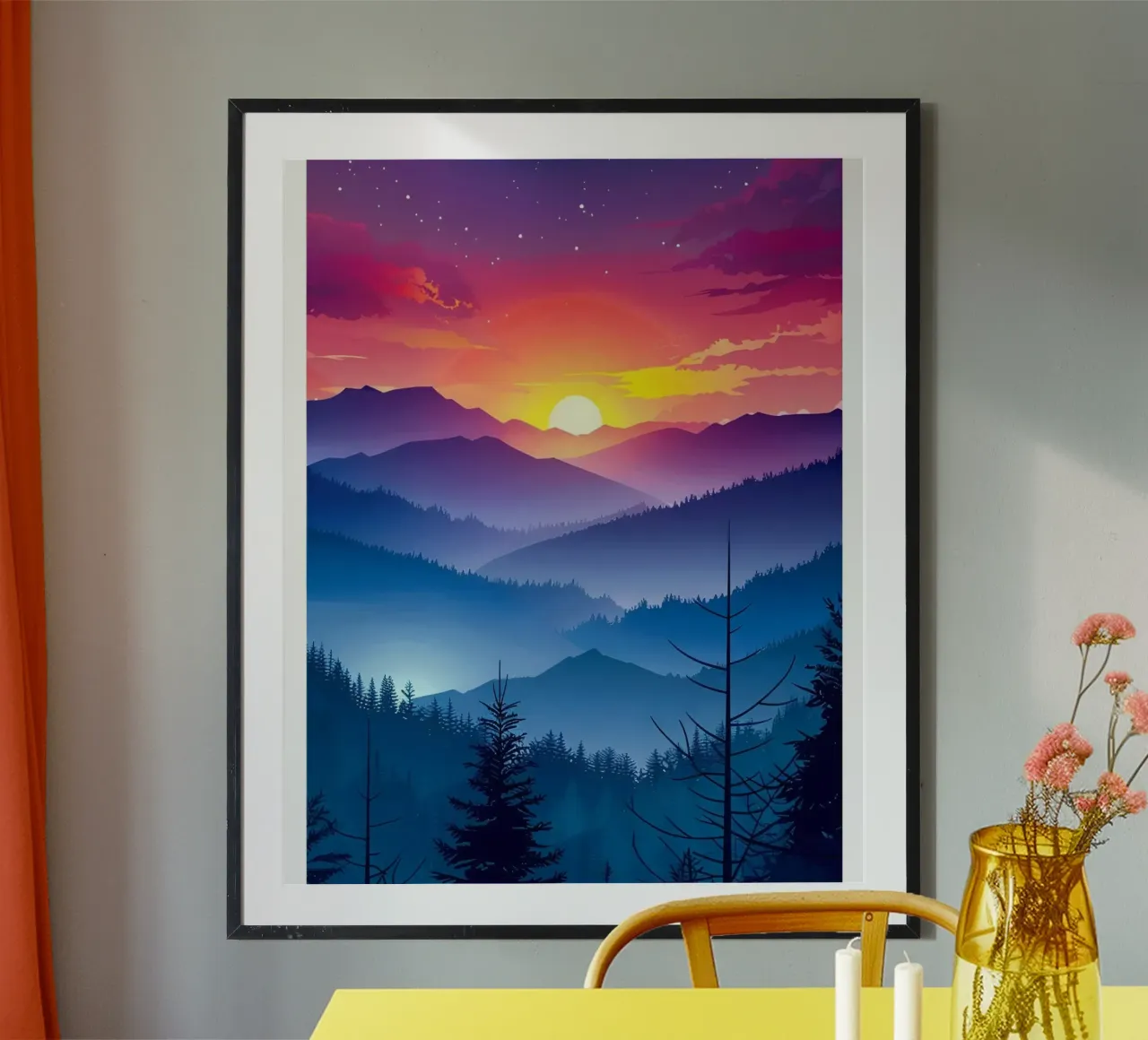 Vibrant Mountain Sunset poster with plastic frame by luxi&lace