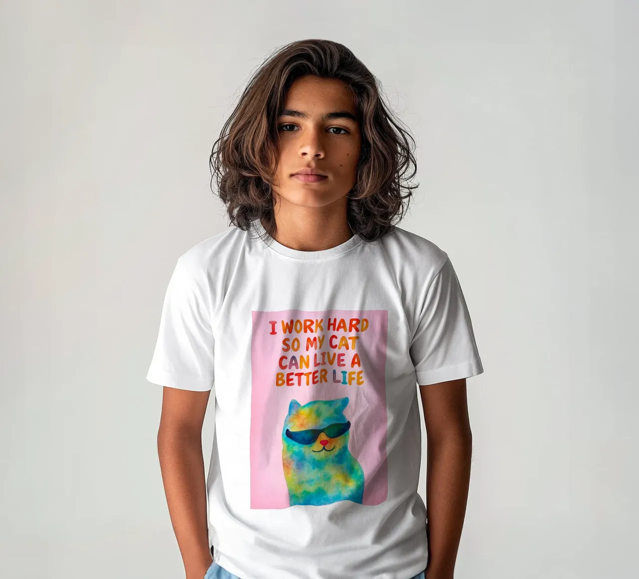 work hard so my cat can better life kids t-shirt by Mirage