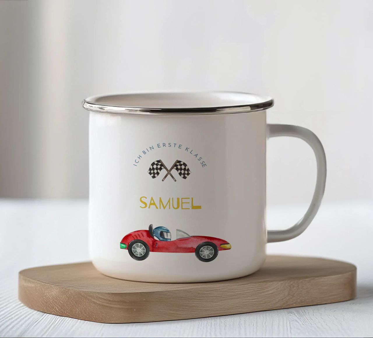 Rennauto tazza in smalto da Kartenliebe