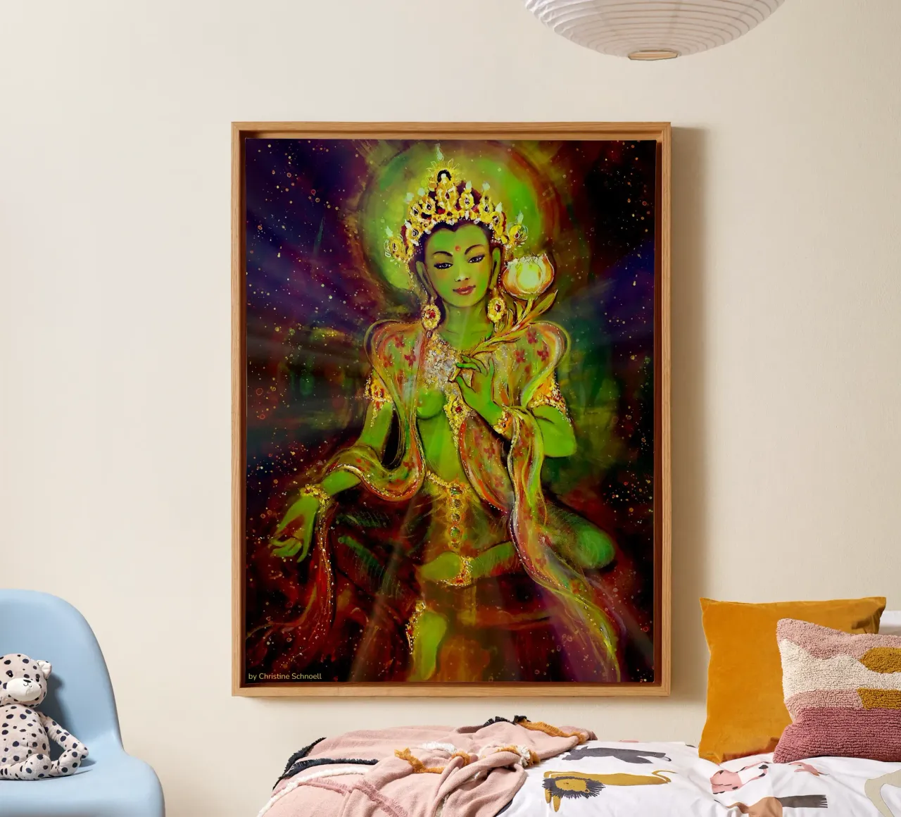 Groene Tara, vrouwelijke Boeddha, Thangka canvas met Baklijst van Happy 😃 Art 🎨 by Christine Schnoell