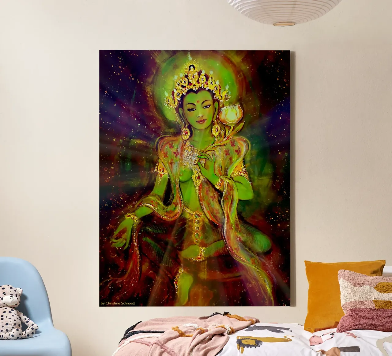 Groene Tara, vrouwelijke Boeddha, Thangka canvas met Baklijst van Happy 😃 Art 🎨 by Christine Schnoell