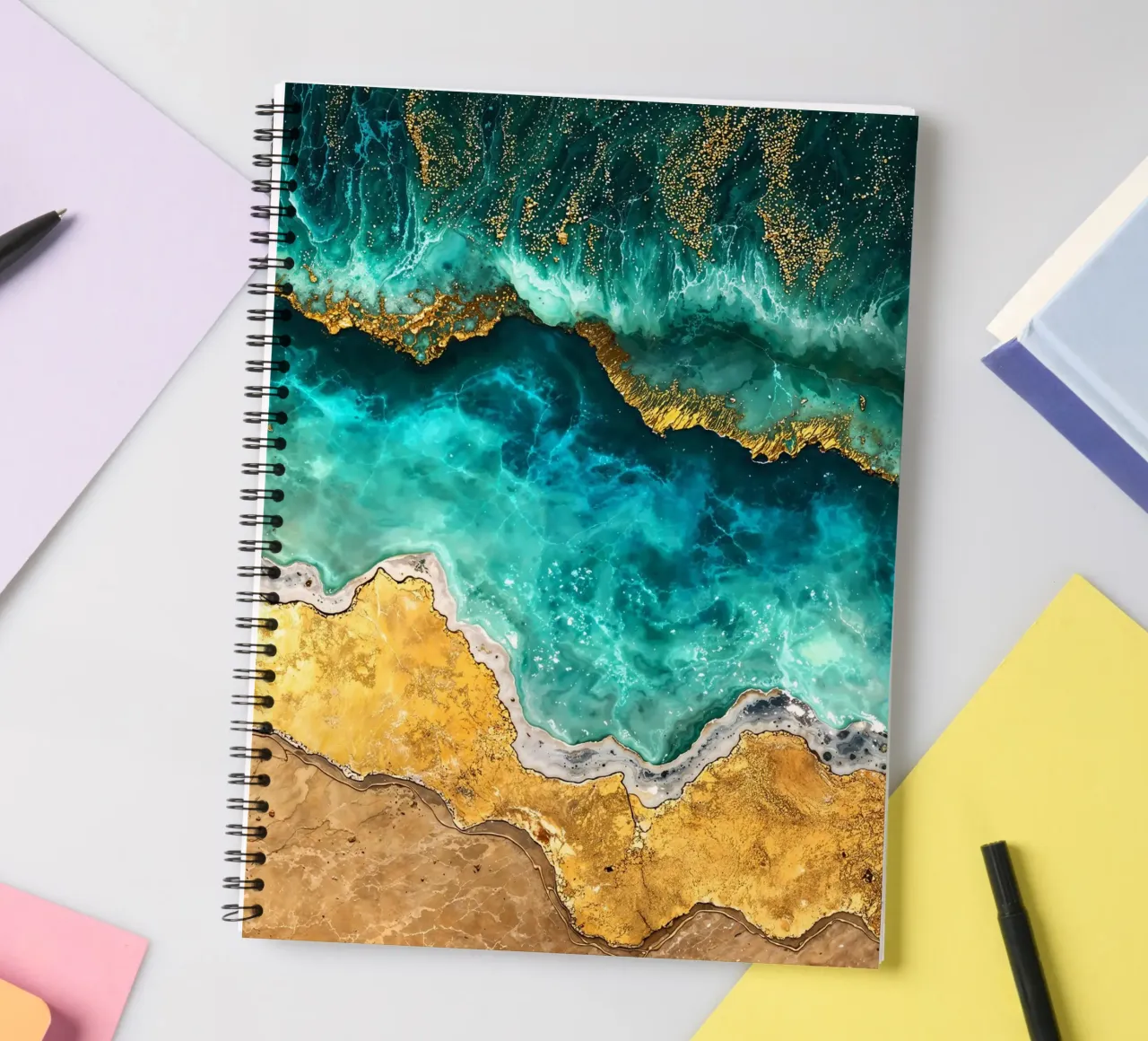 Abstract Ocean Waves Kintsugi Art spiral notebook by Pixaverse