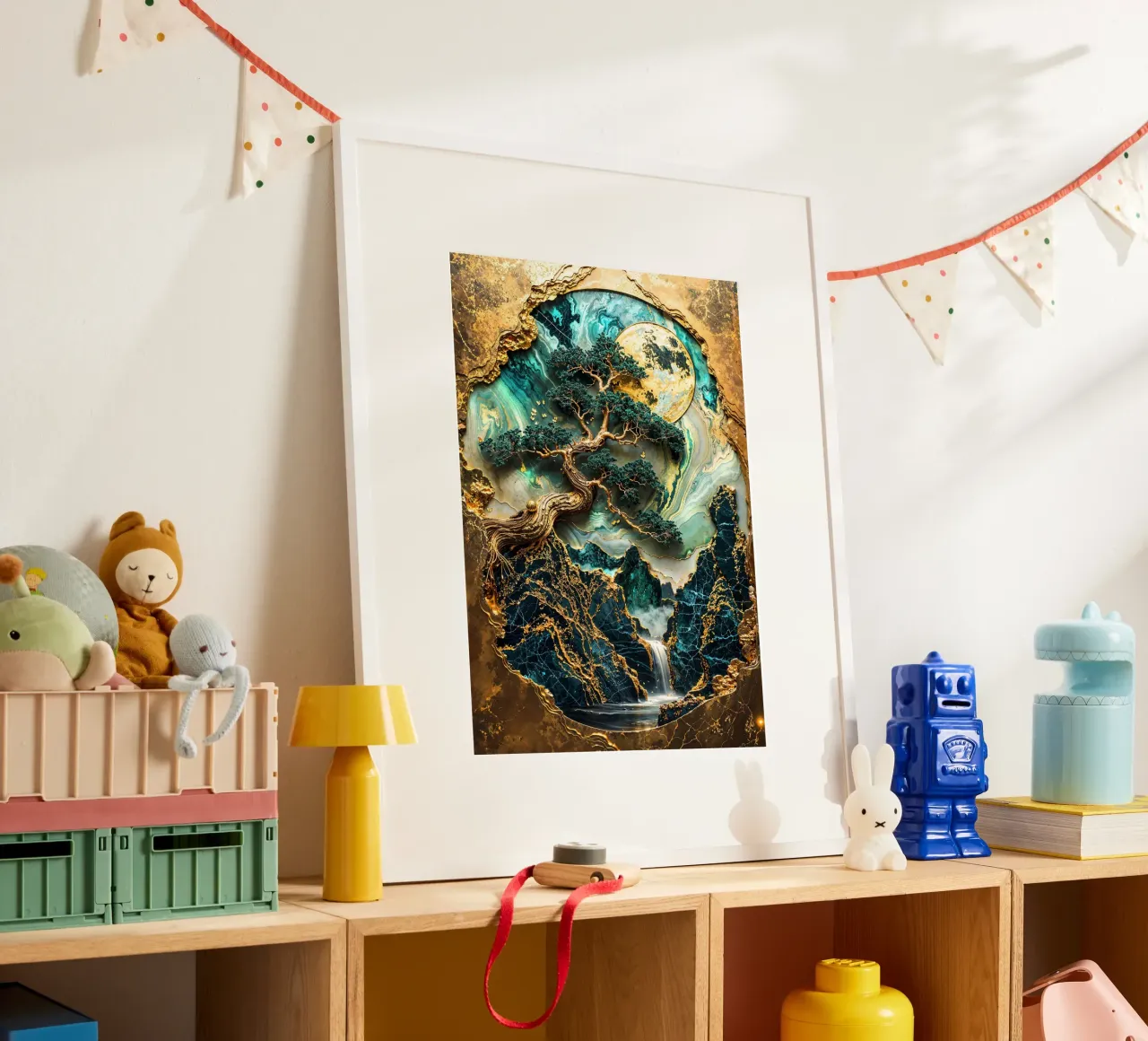 Golden Bonsai Sanctuary poster con telaio in alluminio da Pixaverse