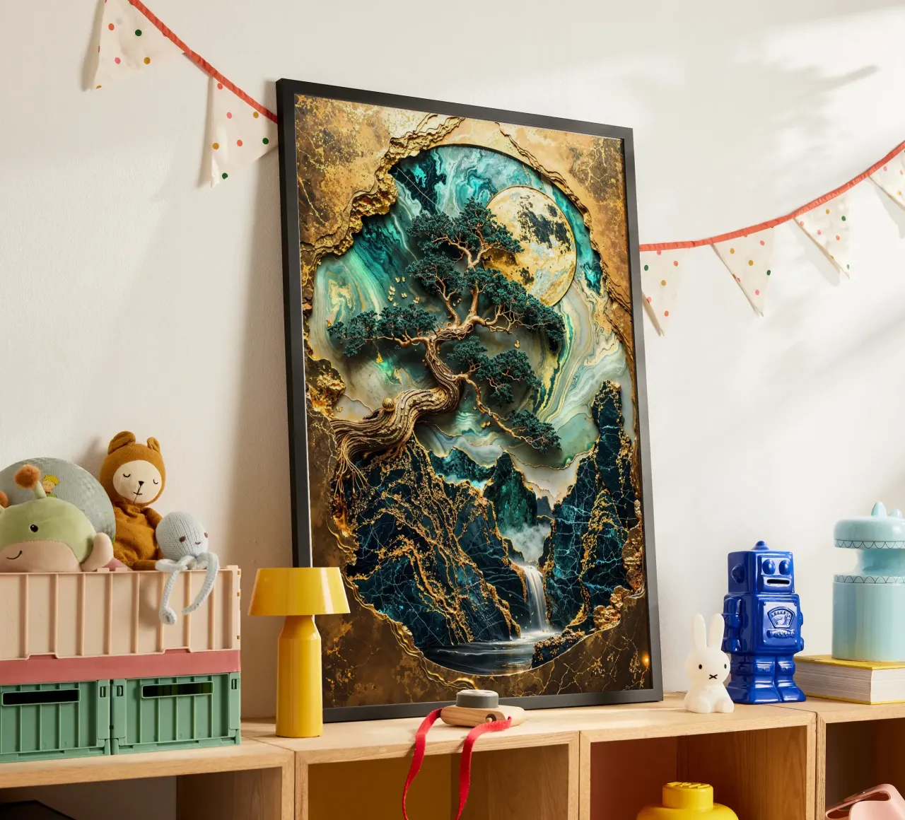 Golden Bonsai Sanctuary poster con telaio in alluminio da Pixaverse