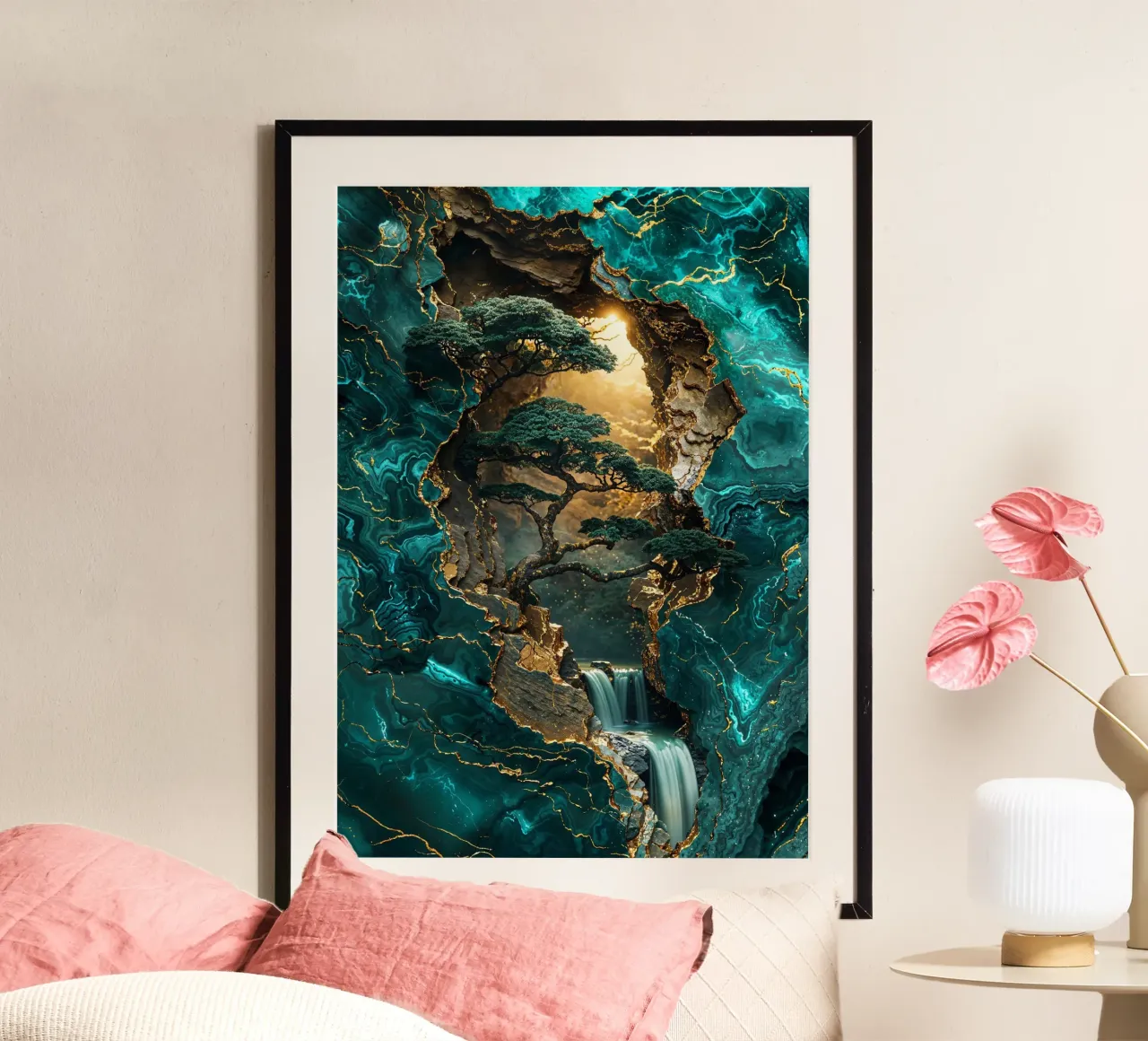 Golden Bonsai Falls Art poster con telaio in plastica da Pixaverse