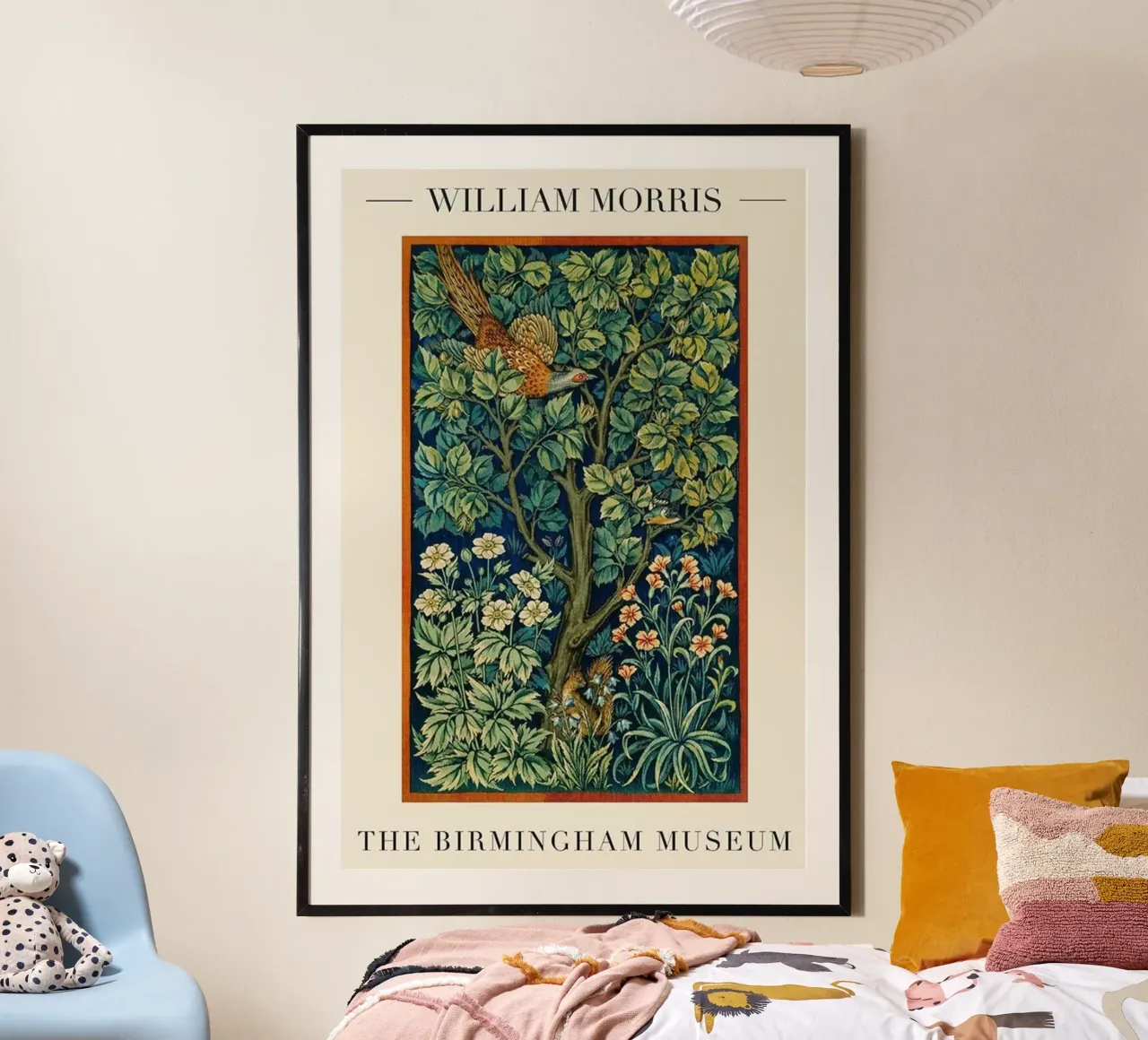 a majestic male pheasant amidst lush foliage and flowers poster with wooden frame by Ropech Shop