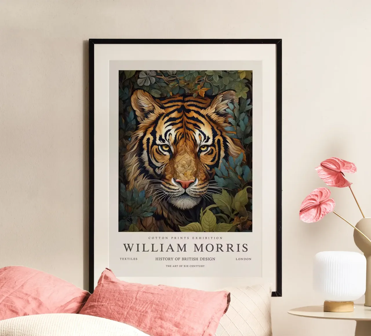 Tigergesicht umgeben von Blättern Poster mit Holzrahmen von Ropech Shop