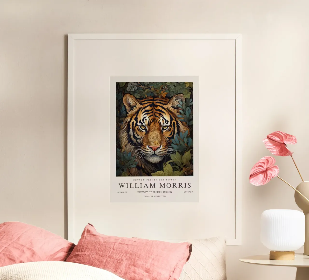 Tigergesicht umgeben von Blättern Poster mit Holzrahmen von Ropech Shop